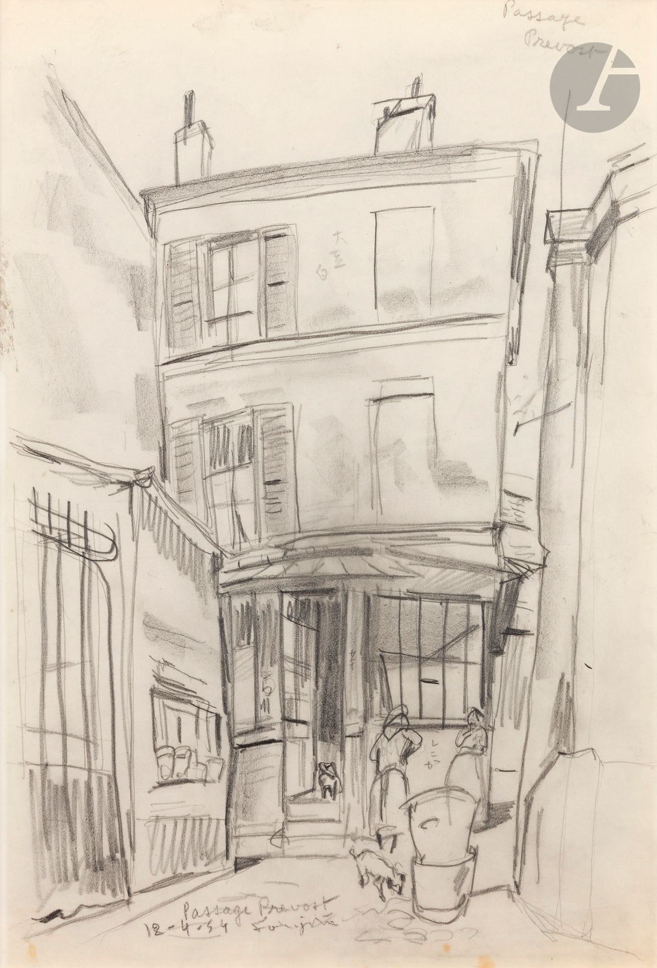 Léonard Tsuguharu FOUJITA (1886-1968)
Passage Prévost, 1954
Mine de plomb.
Signée, datée et titrée en bas à gauche. 
Titrée en haut à droite.
38 x 27 cm

Provenance : 
Vente Succession Kimiyo Foujita, Maître Cornette de Saint-Cyr, Paris, 23 octobre 2012, n°115.

Ce dessin est une étude préparatoire à l’œuvre Passage Prévost réalisée à l’aquarelle, gouache et encre sur papier, exécutée en 1955 (vente Succession Kimiyo Foujita, Maître Cornette de Saint-Cyr, Paris, 21 novembre 2011, n°36).