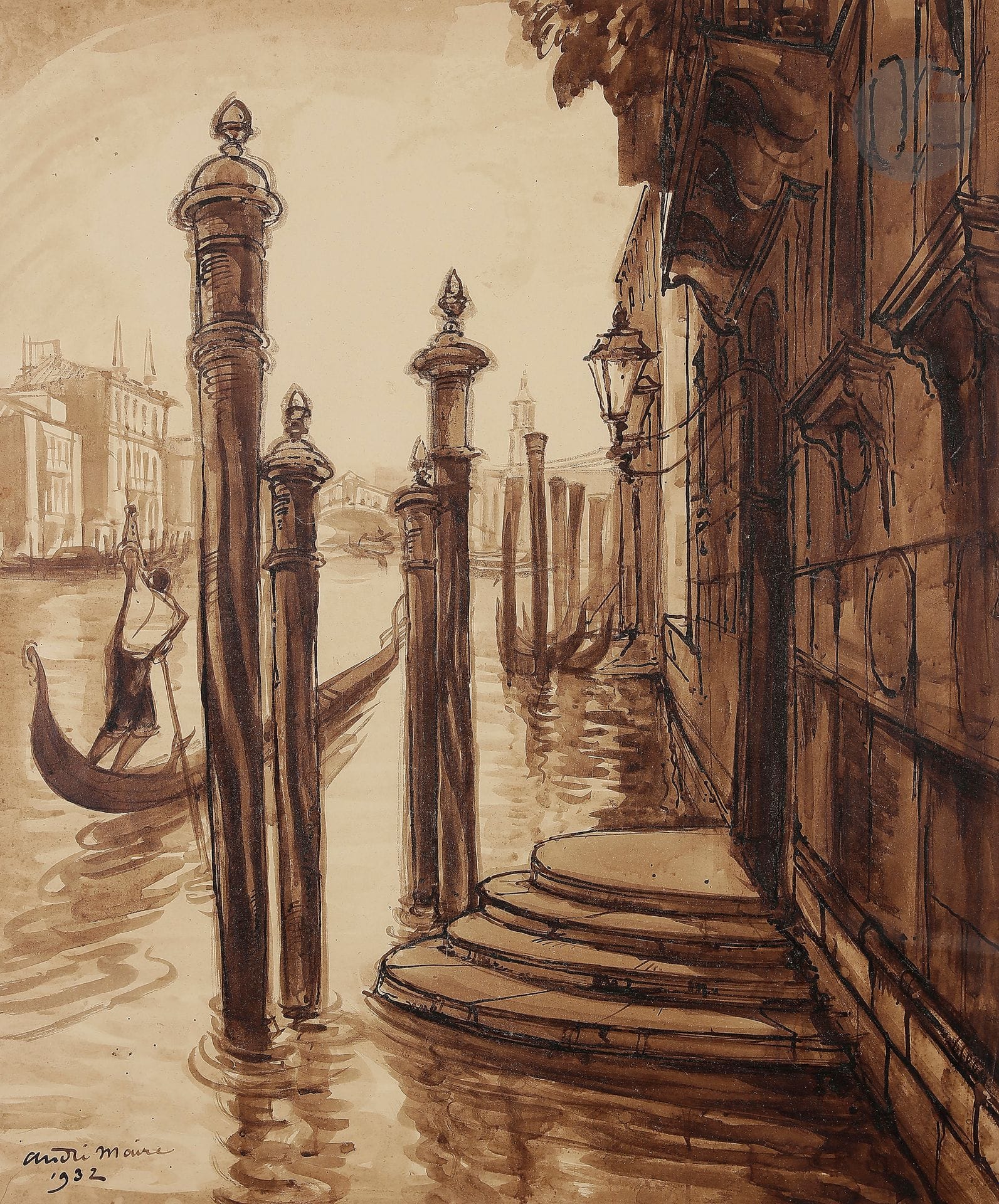 André MAIRE (1898-1984)
Venise, 1932
Encre brune et lavis brun.
Signée et datée en bas à gauche.
72 x 56,5 cm