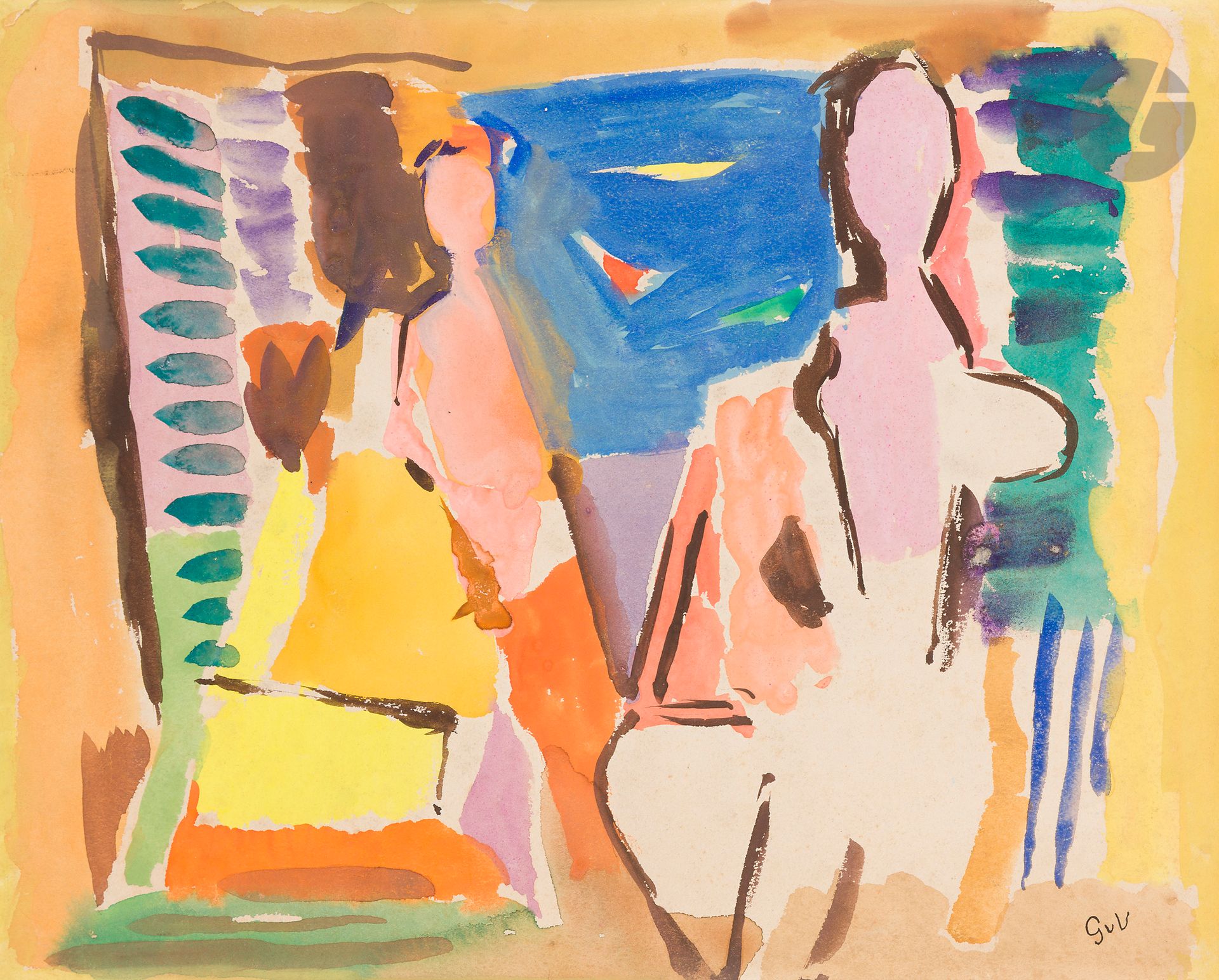 Geer VAN VELDE (1898-1977
)People on the Terrace, 1942-43Gouache
.
Monogrammed lower right.
(Tears in the upper left).
19,5 x 32,5 cmProvenance

: 
Sale Master Joron-Derem, Paris, December 6, 2005, n° 53.

a certificate of Mr Piet Moget dated December 5, 2007 will be given to the buyer




.




