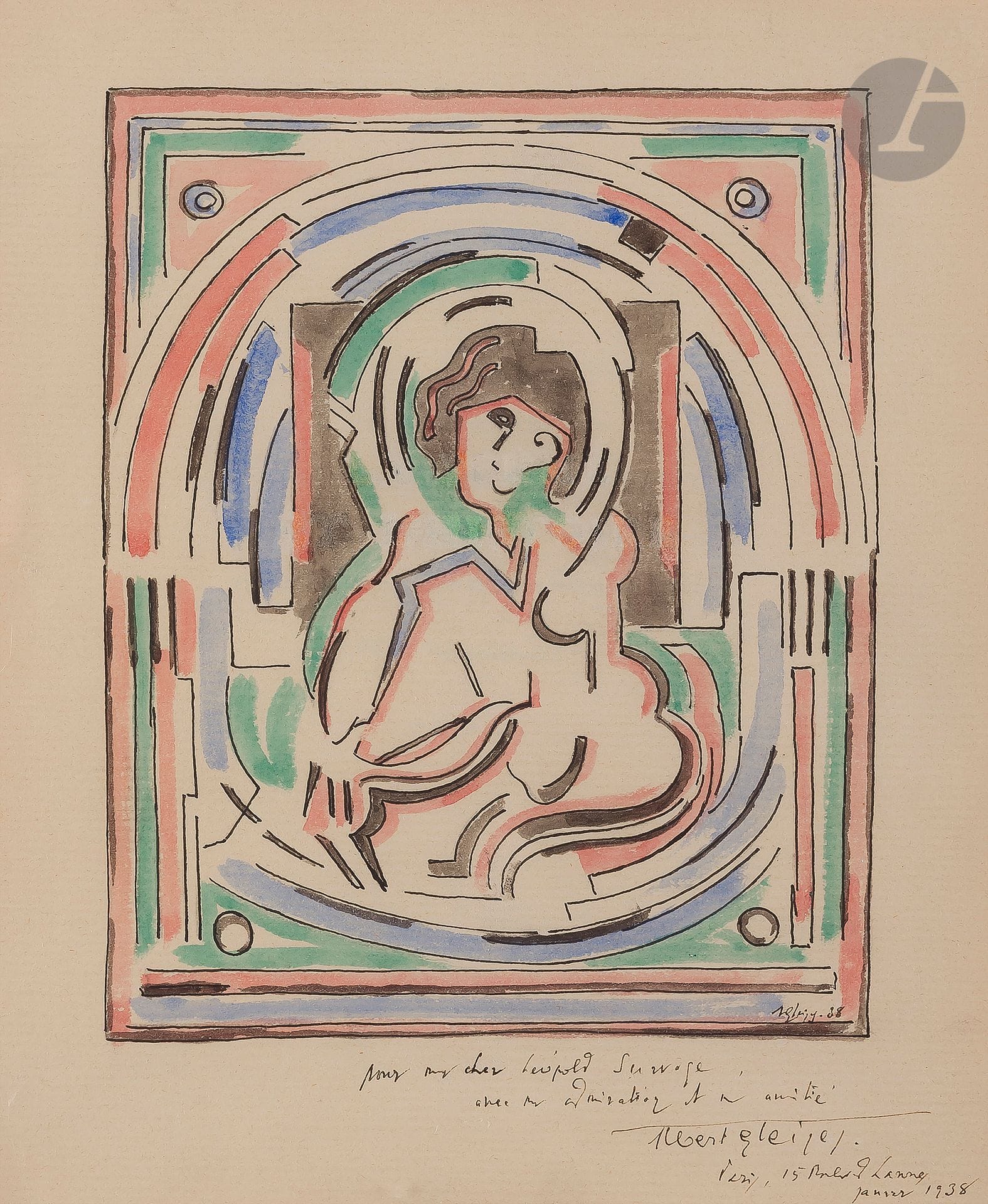 Albert GLEIZES (1881-1953)
Femme dans un médaillon, 1938
Aquarelle et encre. 
Signée et datée en bas à droite.
Signée, datée et dédicacée à Léopold Survage en bas à droite dans la marge.(Papier légèrement insolé).
27,5 x 22 cm 

Provenance : 
Collection Léopold Survage.

Cette œuvre sera incluse dans la prochaine édition du catalogue raisonné d’Albert Gleizes actuellement en préparation par Madame Anne Varichon. 

Un certificat de Madame Anne Varichon en date du 13 mars 2008  sera remis à l’acquéreur.

Cette œuvre a été réalisée sur deux feuilles, ôtées au début d’un exemplaire de l’ouvrage Vers une conscience plastique. La forme et l’histoire, publié par l’artiste en 1932.