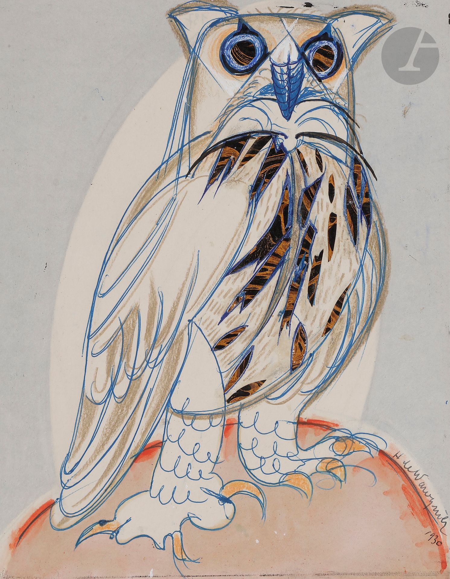 Henry de WAROQUIER (1881-1970)
Le Hibou, 1930
Encre, crayon gras, aquarelle et collage sur papier monté sur papier fort.
Signée et datée en bas à droite.
27 x 21 cm

Un certificat de Monsieur Guy de Waroquier en date du 14 mars 2022 sera remis à l’acquéreur.