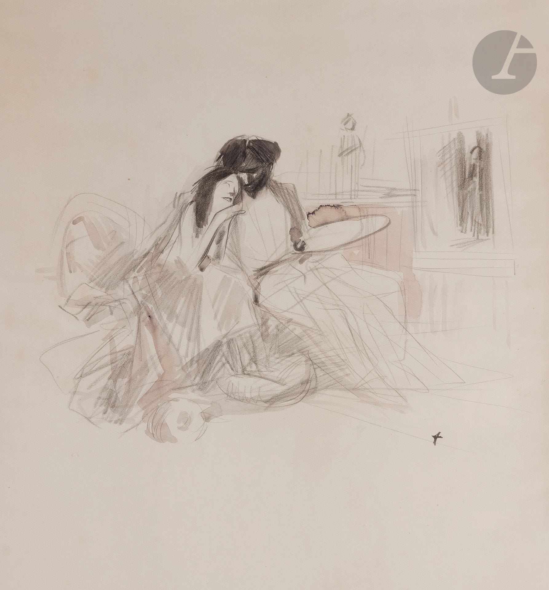Jean-Louis FORAIN (1852-1931)
Artiste et son modèle
Aquarelle et crayon noir.
Monogrammée en bas à droite.
49 x 41,5 cm

Nous remercions Madame Valdès-Forain d’avoir confirmé l’authenticité de cette œuvre qui sera incluse au catalogue raisonné actuellement en préparation.
Un certificat d’inclusion au catalogue raisonné de Jean-Louis Forain pourra être remis, à la charge de l’acquéreur.