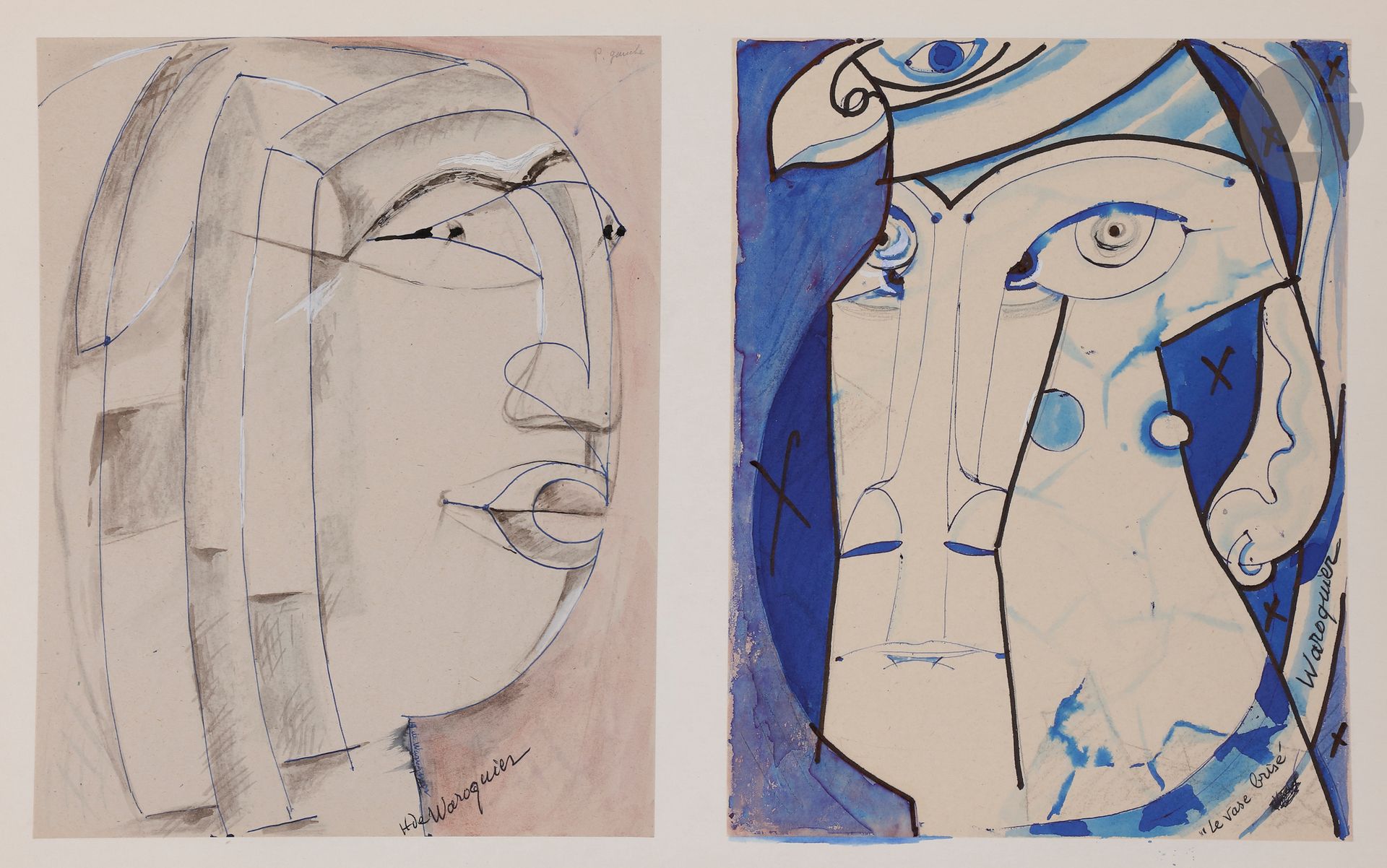 Henry de WAROQUIER (1881-1970)
Profil de femme - Le Vase brisé
2 encres et lavis d’encre de couleurs montées sur papier fort.
Signées en bas à droite, l’une titrée. 
26,5 x 20,5 cm chaque

Un certificat de Monsieur Guy de Waroquier en date du 14 mars 2022 sera remis à l’acquéreur.