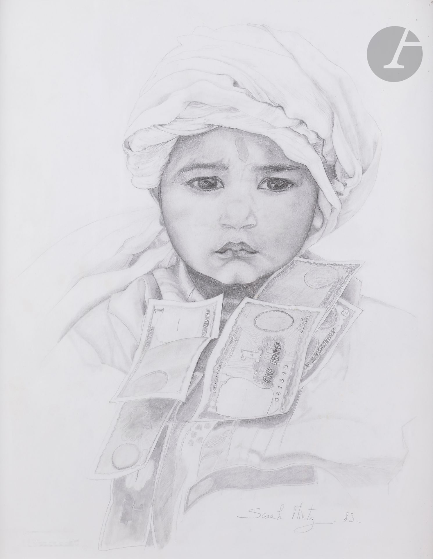 Sarah LANDAU-MINTZ (XXe siècle)
Petit Indien aux roupies, 1983
Mine de plomb et estompe.
Signée et datée en bas à droite.
48,5 x 38,5 cm