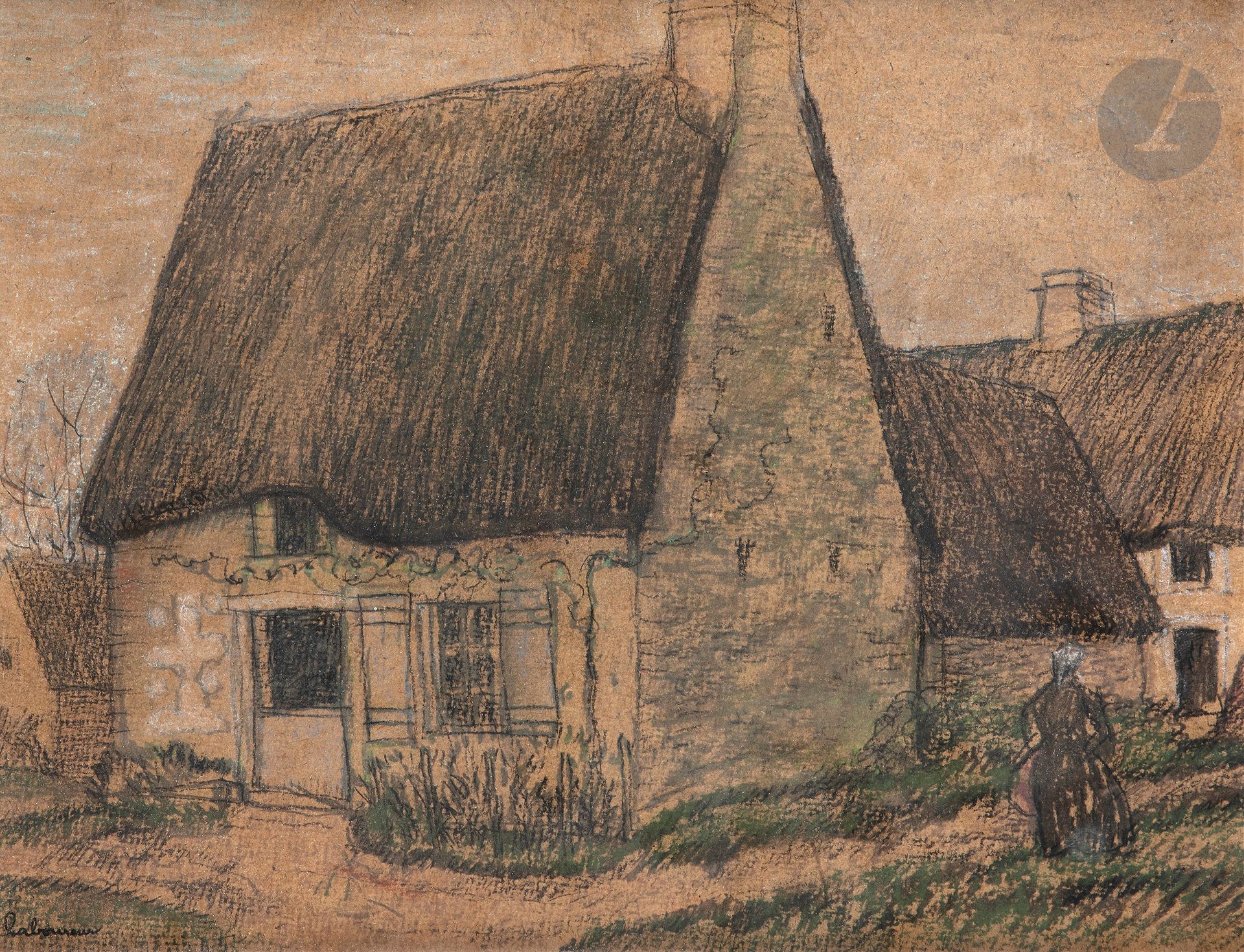 Jean-Émile LABOUREUR (1877-1943)
Chaumière de la Brière
Fusain et crayon gras.
Signé en bas à gauche.
25 x 33 cm

Il s’agit d’une œuvre préparatoire à l’estampe Chaumière de la Brière, 1932 reproduite in Sylvain Laboureur, Catalogue complet de l’œuvre de Jean-Émile Laboureur, Tome I, Gravures et lithographies individuelles,Neuchâtel, Éditions Ides et Calendes, 2000, n°445, p. 400.