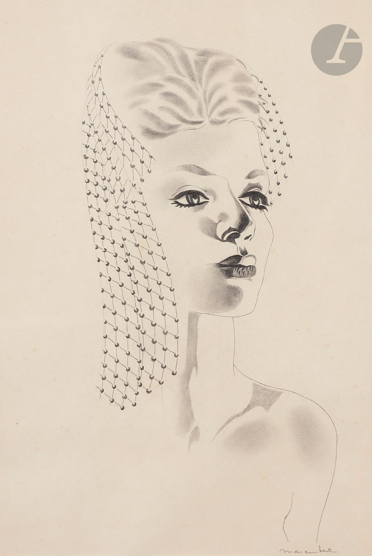 Jean MAREMBERT (1900-1968)
Femme à la mantille de métal, version III, vers 1962-63
Mine de plomb et encre.
Signée en bas à droite.
37,5 x 27,5 cm

Bibliographie : 
Axel de Heeckeren, Jean-Auguste Marembert, L’Envoûteur envoûté, Paris, Éditions Lienart, 2019, n° 276, p. 377 (non reproduit).