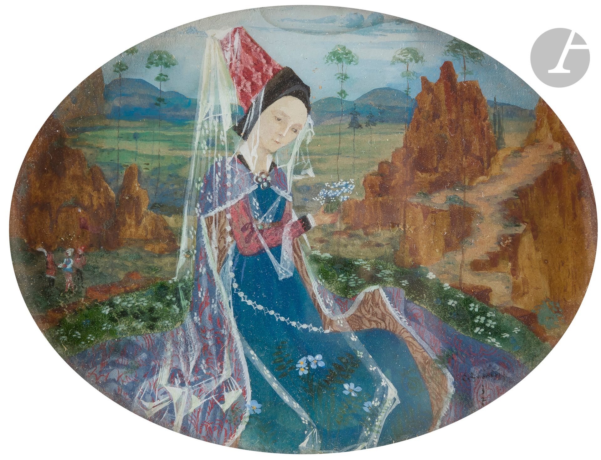 Ernest Pierre GUÉRIN (1887-1952)
Femme aux fleurs, 1920
Gouache dans un ovale.
Signée et datée en bas à droite.
7 x 9 cm