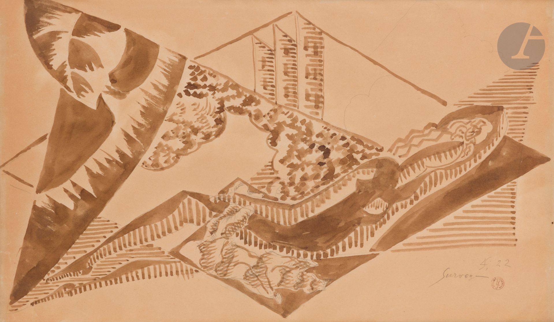 Leopold SURVAGE (1879-1968
)Woman at Rest,
1922Brown
ink
on black pencil lines.
Signed and dated lower right.
Stamp of the studio in the lower right corner.
(Slightly faded).
24,5 x 42,5 cmExhibitions

:
- Albert Gleizes und Kubisten in Paris (1910-1930), 23 April 2005 - 3 June 2005, Galerie David, Bielefeld, Germany (label on the back)


.



- Survage, Galerie Zlotowski, Paris, October - November 2003, n° 44, reproduced in the exhibition catalog p. 43.

We thank Mrs Anne-Marie Divieto for confirming the authenticity of this work

.









