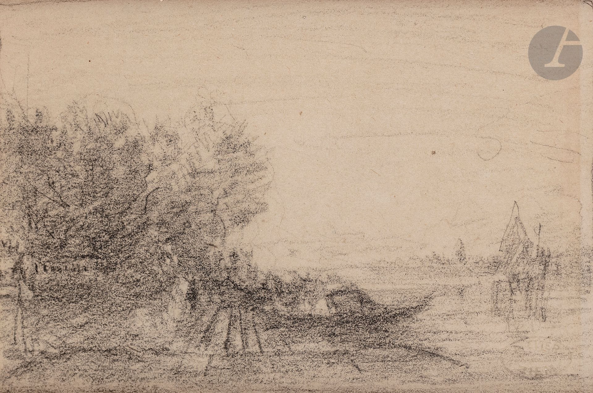 Félix ZIEM (1821-1911)
Au bord de l’eau
Pierre noire.
Timbre de l’atelier en bas à droite (Lugt 3707).
9 x 14,5 cm