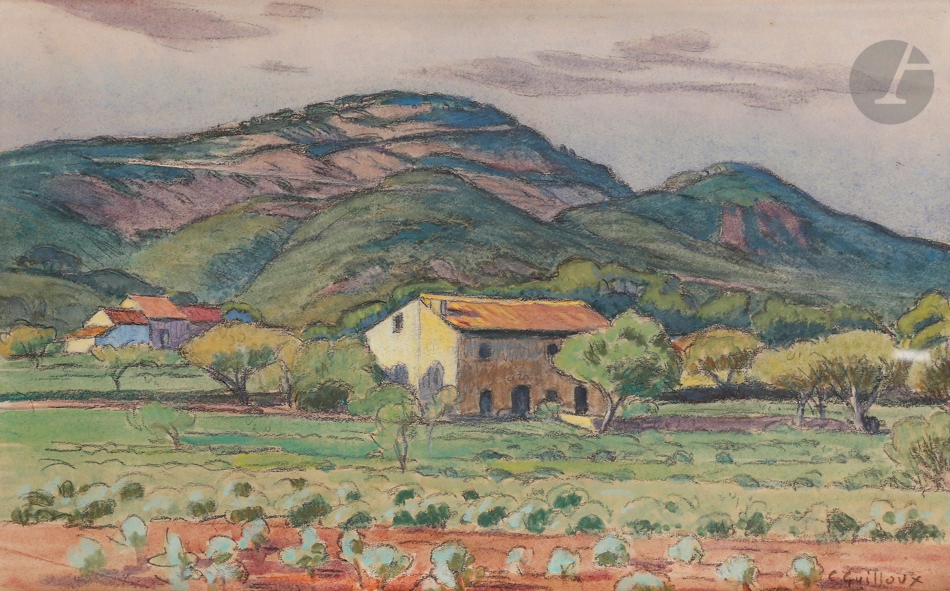 Charles Victor GUILLOUX (1866-1946)
Mas en Provence
Aquarelle sur traits de crayon.
Signée en bas à droite.
20 x 32 cm