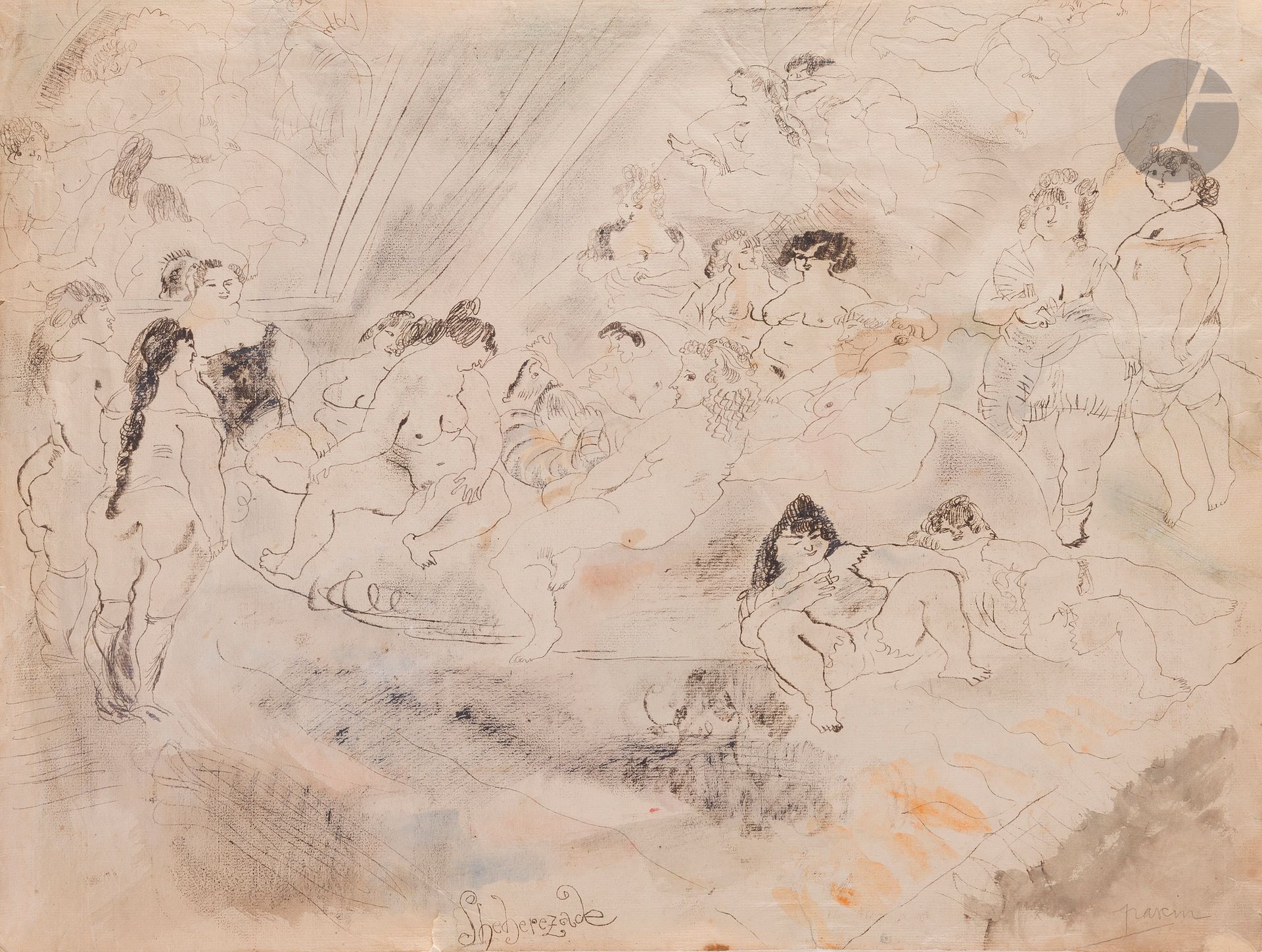Julius Pincas dit PASCIN (1885-1930)
Shéhérazade
Plume, encre noire et aquarelle.
Signée en bas à droite.
(Restaurations et plis).
47,5 x 63 cm

Nous remercions Madame Rosemarie Napolitano d’avoir confirmé l’authenticité de cette œuvre.