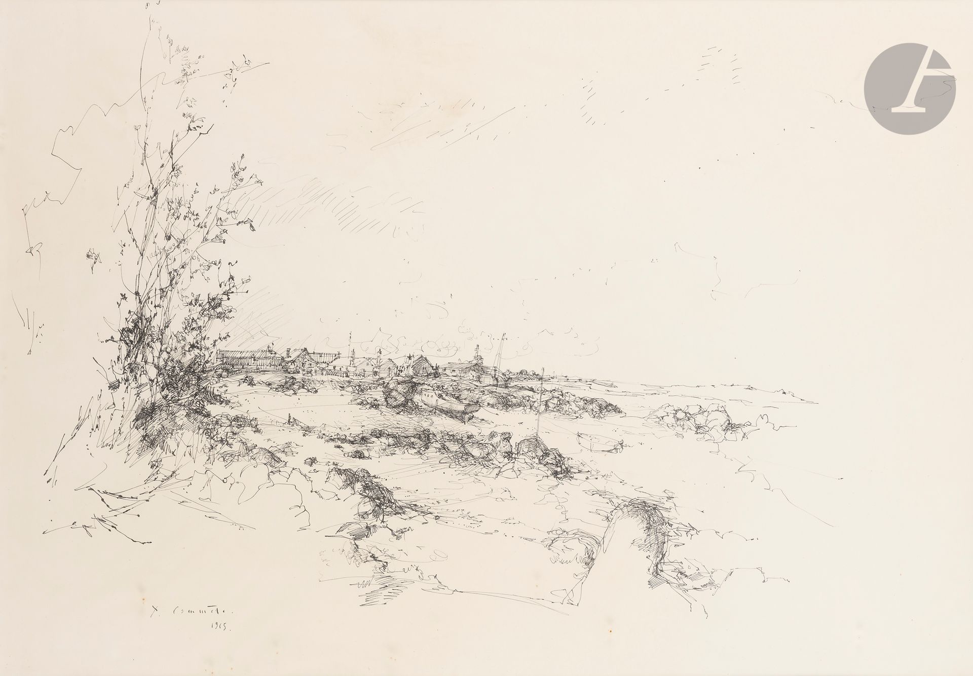 Yves-Jean COMMÈRE (1920-1986)
Village en bord de mer, 1965
Encre.
Signée et datée en bas à gauche.
62 x 88 cm