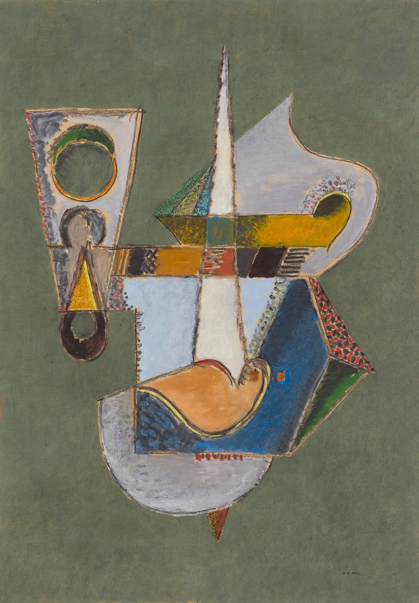 Henrik Neugeboren dit Henri NOUVEAU (1901-1959)
Gebrauchsgegenstand, 1943
Technique mixte.
Monogrammée et datée en bas à droite.
Signée, datée, titrée, dédicacée et située au dos.
47,5 x 32,5 cm