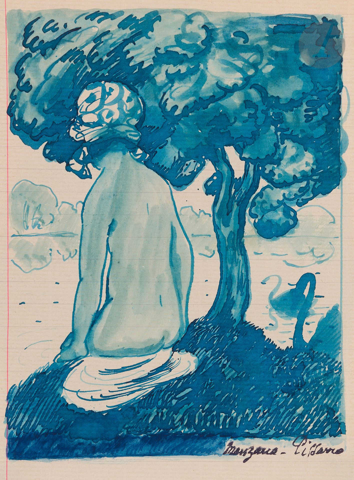 Georges MANZANA-PISSARRO (1871-1961)
Baigneuse et cygnes
Encre bleue.
Signée en bas à droite.
17 x 12,5 cm