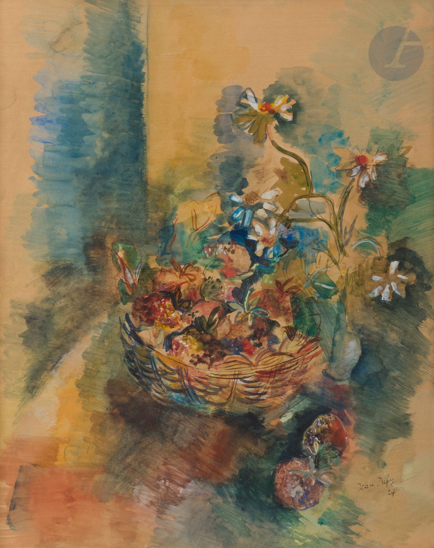 Jean DUFY (1888-1964)
Corbeille de fruits, 1924
Aquarelle gouachée sur papier contrecollé sur carton.
Signée et datée en bas à droite.
(Papier légèrement jauni, traces d’humidité, petite déchirure).
53 x 42 cm

Un certificat de Monsieur Jacques Bailly en date du 11 février 2022 sera remis à l’acquéreur.
Cette œuvre sera reproduite en couleurs dans le volume III du catalogue raisonné actuellement en préparation par Monsieur Jacques Bailly.