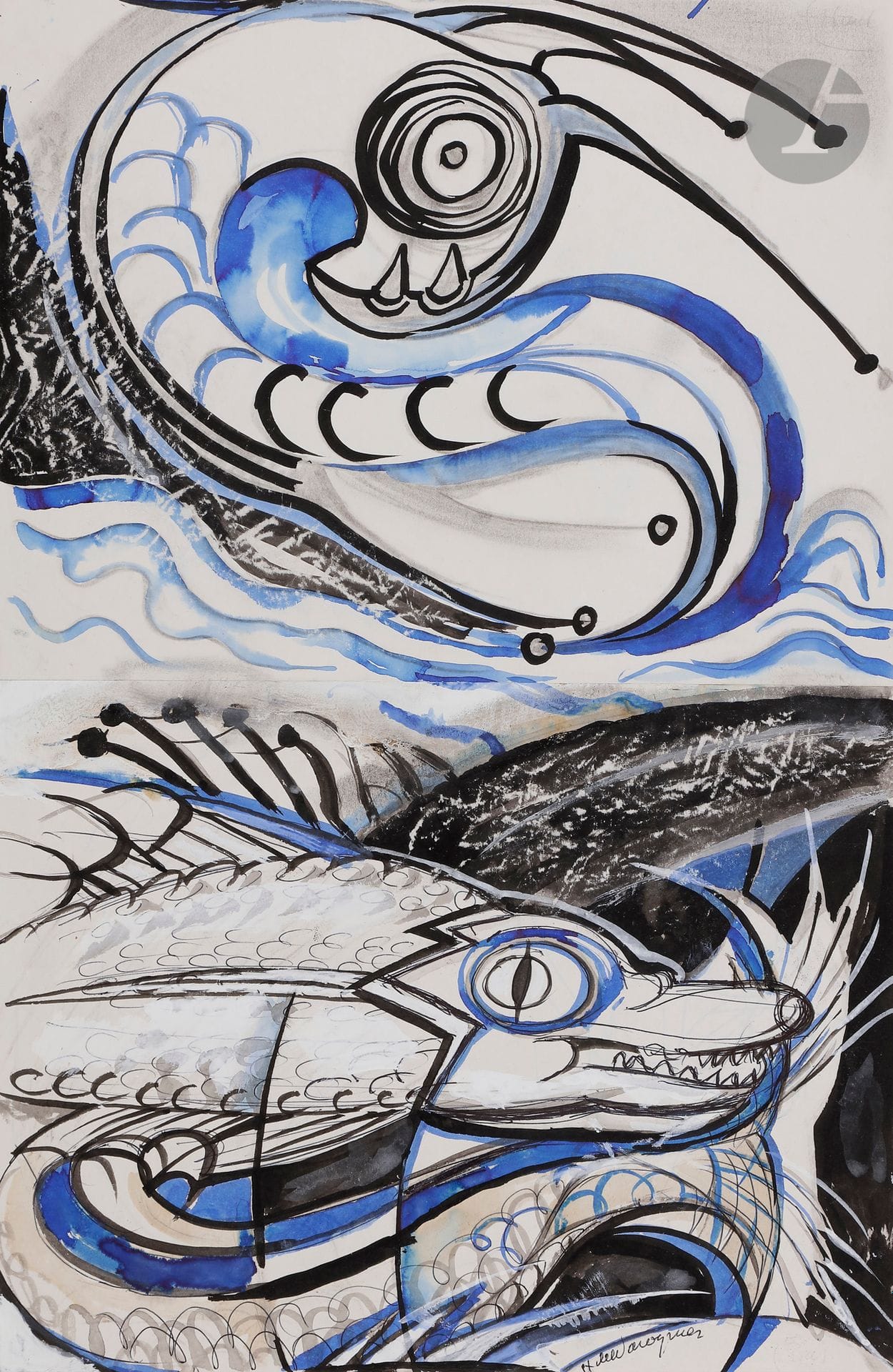 Henry de WAROQUIER (1881-1970)
Animaux marins
Encre et gouache sur 2 papiers montés sur papier fort.
Signée en bas à droite.
46,5 x 26,5 cm

Un certificat de Monsieur Guy de Waroquier en date du 14 mars 2022 sera remis à l’acquéreur.