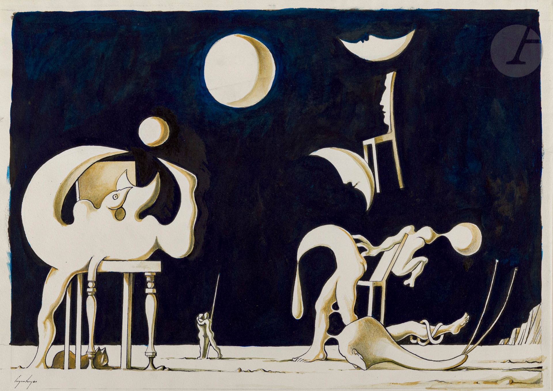 
Artur Manuel CRUZEIRO SEIXAS (1920-2020)



La Nuit des innocents



Encre, crayon et gouache.



Signée en bas à droite.



Signée, titrée et dédicacée au dos à Bernard Atmani en juillet 1996.



24,5 x 35 cm





Artur Cruzeiro Seixas et Bernard Atmani ont collaboré à trois numéro de la revue Ellébore,  publiée entre 1979 et 1983.
