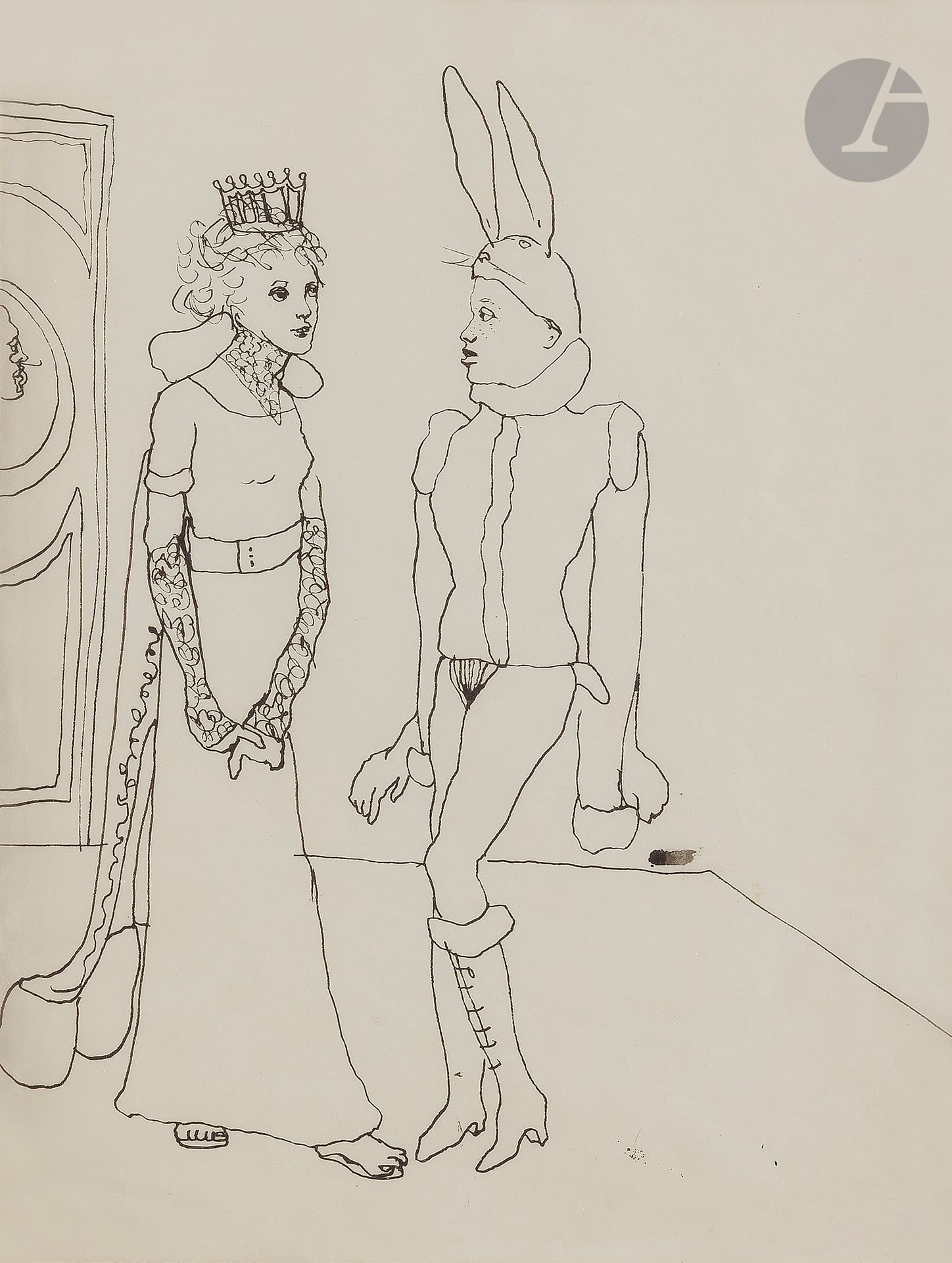 Christian BÉRARD (1902-1949)
Titania et Bottom, vers 1942
Encre.
Non signée.
26 x 20 cm

Ce dessin représente deux invités costumés au grand bal donné par la Comtesse Pastré au château de Montredon, à Marseille, le lendemain de l’unique représentation du Songe d’une nuit d’été de William Shakespeare.
Cette représentation eut lieu le 27 juillet 1942 dans le parc du château sous la houlette de Christian Bérard, inspirateur de la partie scénique et créateur des costumes.