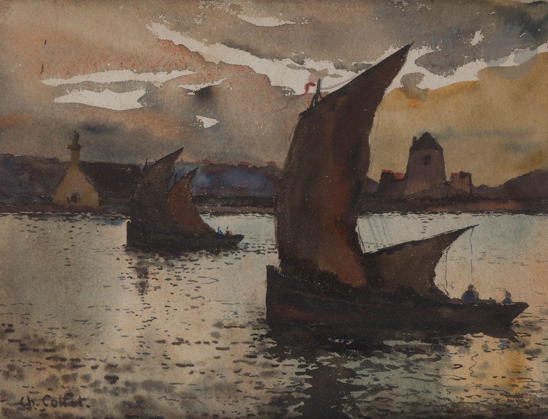 Charles COTTET (1863-1925) 
Voiliers au crépuscule
Aquarelle. 
Signée en bas à gauche.
24 x 32cm