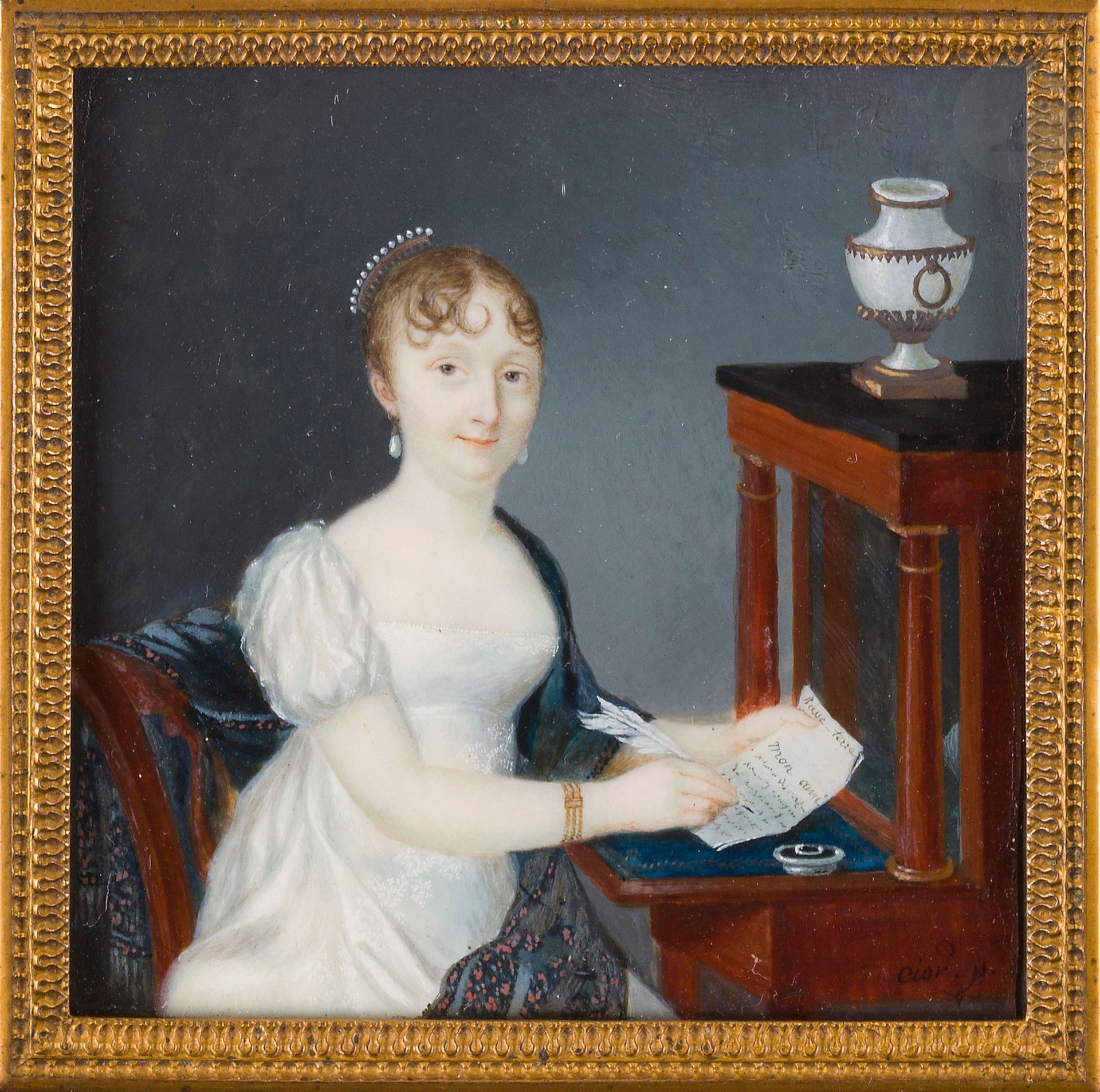 
Pierre CIOR (Paris, 1769 - 1840)



Woman seated at a mahogany secretary with columns, surmounted by a vase with a bronze frame, pointing to a letter addressed to Guadeloupe, one can read: "Basse-Terre / my Friend, ....."



Fine rectangular miniature on ivory*.



Signed lower right: Cior



Size: at sight 7 x 7 cm



Posterior frame in garnet velvet with gilded brass visor, 14,5 x 13,5 cm. 



Gross weight : 89,5 gr





Painter in miniature, active from one end to the other of Europe during a good forty years to paint many crowned heads, and who exposed at the Salon in 1796 and 1799, then in 1831 and 1837.  



It is one of the most accomplished female miniatures of the artist.



In accordance with the regulation that came into force on January 19, 2022, intra-European Union trade in ivory is subject to obtaining a CIC certificate. Re-exportation outside the European Union is prohibited.