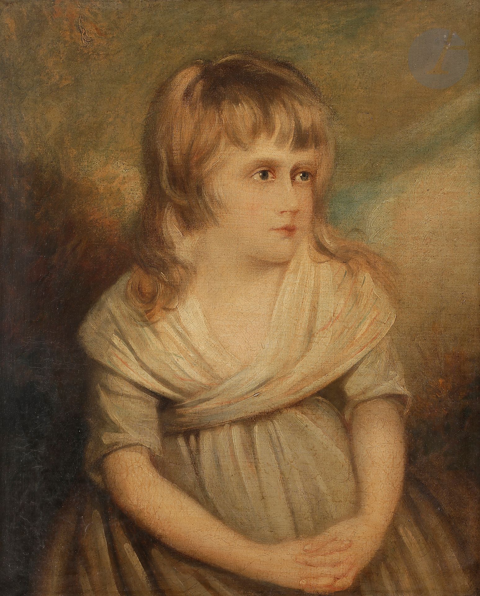 École ANGLAISE vers 1800
Portrait de jeune fille
Toile
60 x 50 cm
La cadre porte un cartouche « Russel John Cuildford 1745 - Londres 1806 »
