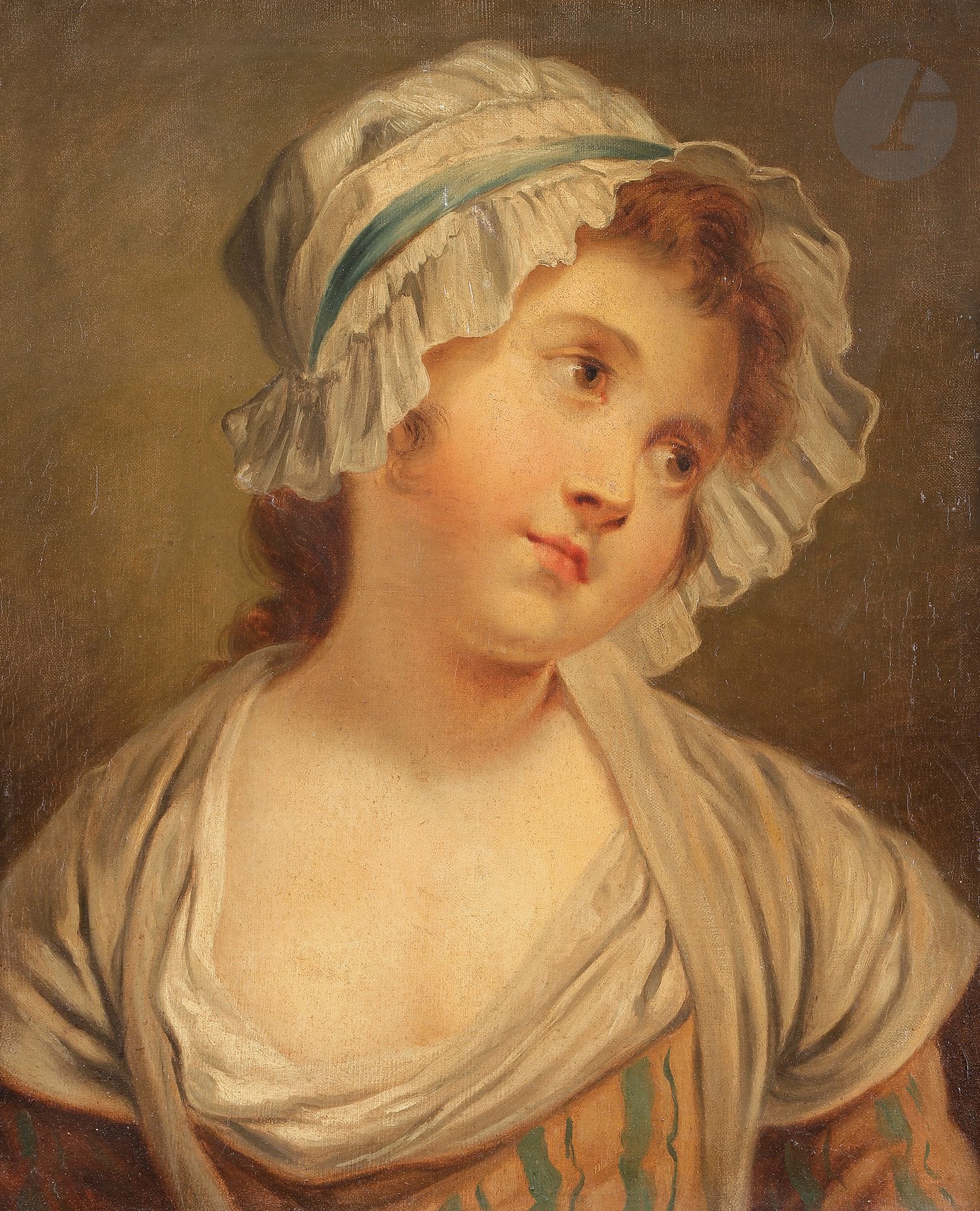 Dans le goût de Jean Baptiste GREUZE
Jeune fille à la coiffe
Toile d’origine
45,5 x 37 cm
(Restaurations anciennes)
