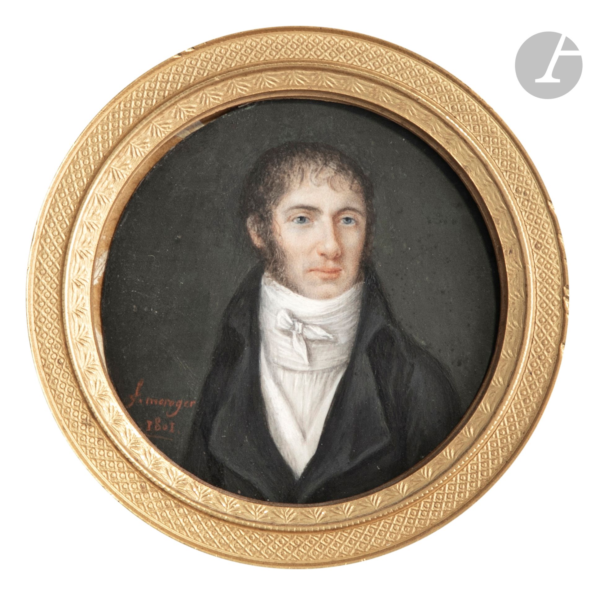 
F. MAROGER (active in 1801) 



Artist of a good talent, until now not listed. 



Portrait of a man, hair styled "à la noyade" on the forehead, in a gray frock coat, the collar tightened in a high white tie taking the chin, fashionable under the Consulate. 



Miniature on ivory*.



Signed and dated lower left in red: F. Maroger / 1801



Diameter : 5,7 cm



Beautiful gilded bronze frame with palmettes decoration, with bélière, diam. 8,5 cm (glass missing). 



Gross weight : 118 gr



According to the regulation that came into force on January 19, 2022, the intra-European Union trade of ivory is subject to obtaining a CIC certificate. Re-exportation outside the European Union is forbidden.