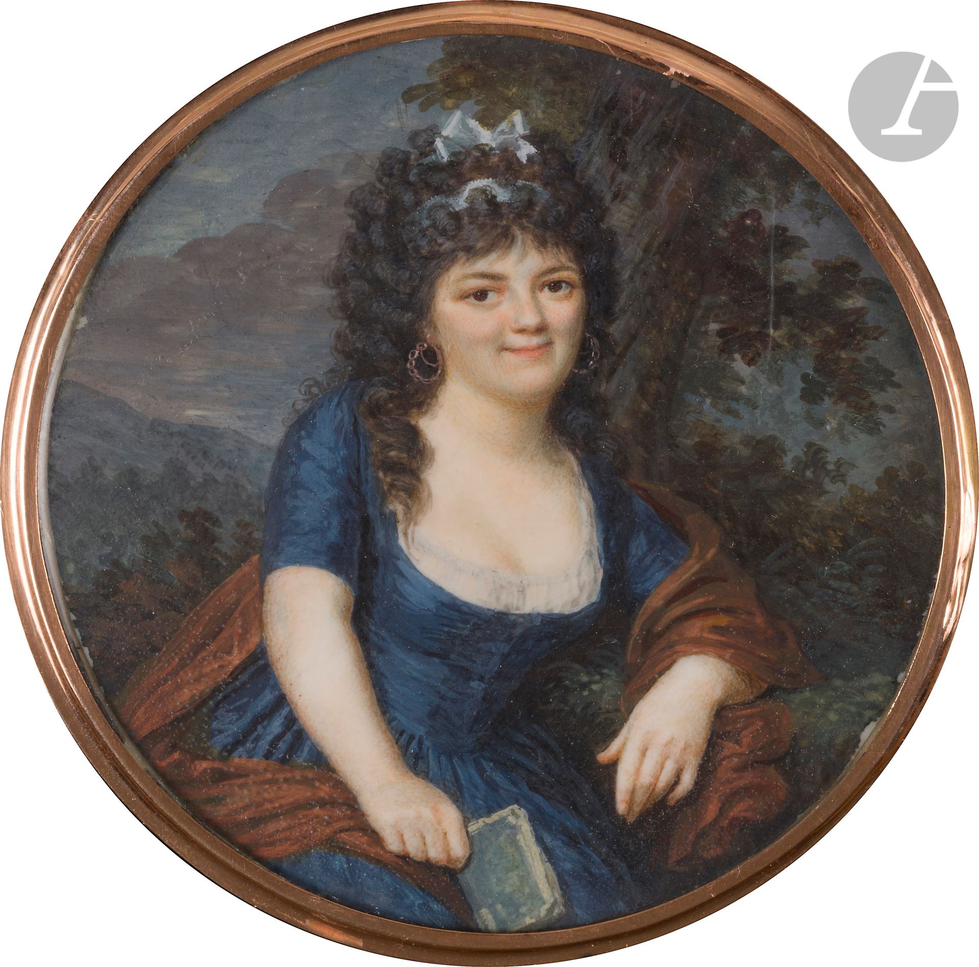 
Entourage de J-B-J AUGUSTIN, fin du XVIIIe siècle



Jeune femme assise dans un paysage tenant un livre, robe moirée bleue et châle rouille. 



Fine miniature sur ivoire*, vers 1790-1795



Diam. : à vue 7,8 cm



Cerclée d’or sur le couvercle d’une grande bonbonnière en écaille



Diam. : 9 cm, H. 2,4 cm (Fin cheveu vertical à droite de l’arbre n’affectant pas le sujet, petit manque à l’intérieur de la boîte).



Poids brut : 111,8 gr



Conformément à la règlementation entrée en vigueur le 19 janvier 2022, le commerce intra-Union européenne de l’ivoire est soumis à l’obtention d’un certificat CIC. La réexportation hors Union européenne est interdite. 