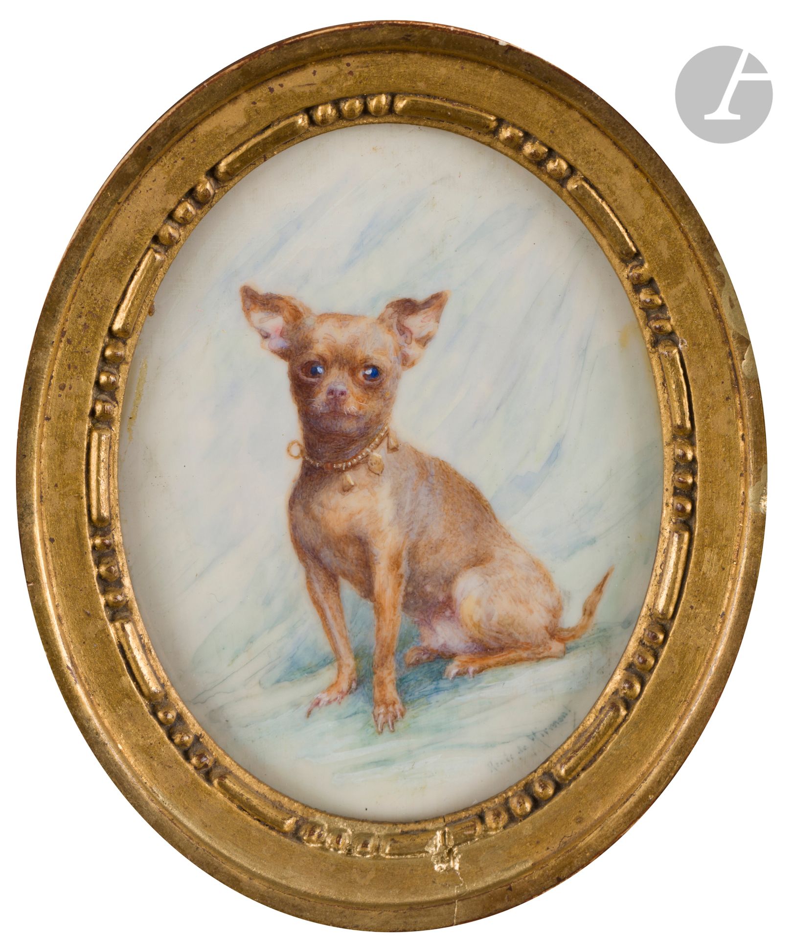 
Mlle Renée de MIRMONT (Paris, 1868-1918) 



Portrait d’un chihuahua 



Miniature sur ivoire*, vers 1900



Signée en bas à droite Renée de Mirmont



Dim. : 7 x 5.3 cm à vue. 



Cadre ovale en bois doré (petits accidents au cadre). 



Poids brut : 41,2 gr





Elève de Ch. Bellay, elle fut active à Paris d’au moins 1888 à 1903, exposa à la société des Artistes français et remporta une médaille de bronze en 1900. Ce fut l’une des bonnes miniaturistes de son temps qui forma beaucoup d’élèves. Le Louvre conserve de sa main un portrait de femme (RF40300). 



Miniature d’une telle finesse qu’il est presque possible de deviner le nom du chien « Félix ? » sur la médaille qu’il porte à son collier.





Conformément à la règlementation entrée en vigueur le 19 janvier 2022, le commerce intra-Union européenne de l’ivoire est soumis à l’obtention d’un certificat CIC. La réexportation hors Union européenne est interdite. 