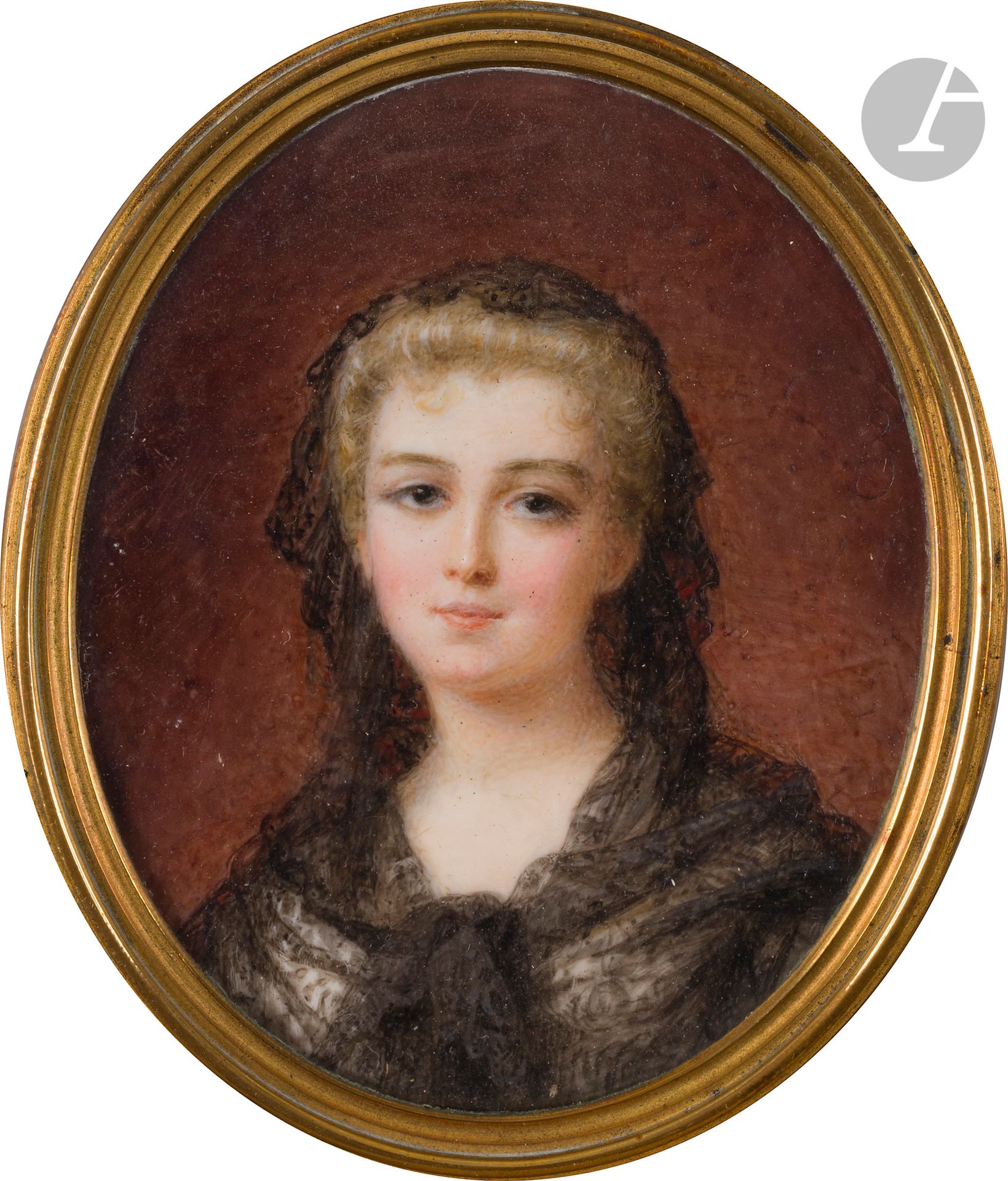 
Cécile VILLENEUVE née Colombet (1824-1901)



Jeune femme blonde enveloppée dans une mantille noire tombant sur ses épaules et nouée sur la poitrine, en buste légèrement de trois-quarts à gauche



Miniature ovale sur ivoire*



Annotée au revers au crayon : « Etude / d’après nothing / automne 1896 »



Dim. : à vue 7.4 x 5,9 cm 



Poids brut : 39,8 gr



(petite mouillure et tâches)





Provenance : 



Conservée dans la descendance de l’artiste



Conformément à la règlementation entrée en vigueur le 19 janvier 2022, le commerce intra-Union européenne de l’ivoire est soumis à l’obtention d’un certificat CIC. La réexportation hors Union européenne est interdite. 