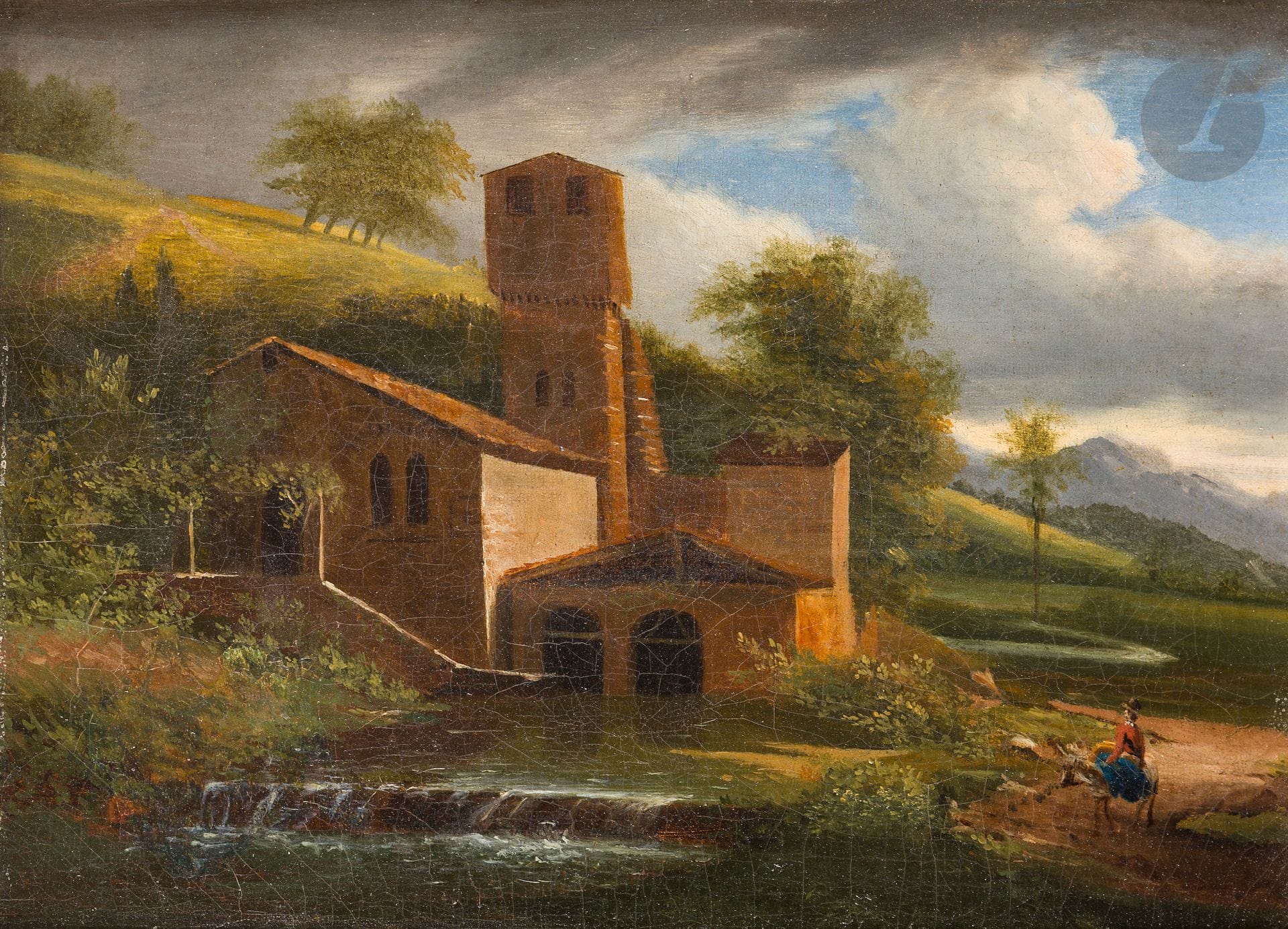 École FRANCAISE du XIXe siècle
Homme à cheval contemplant un moulin à eau
Toile 
24 x 32 cm
(Restaurations)