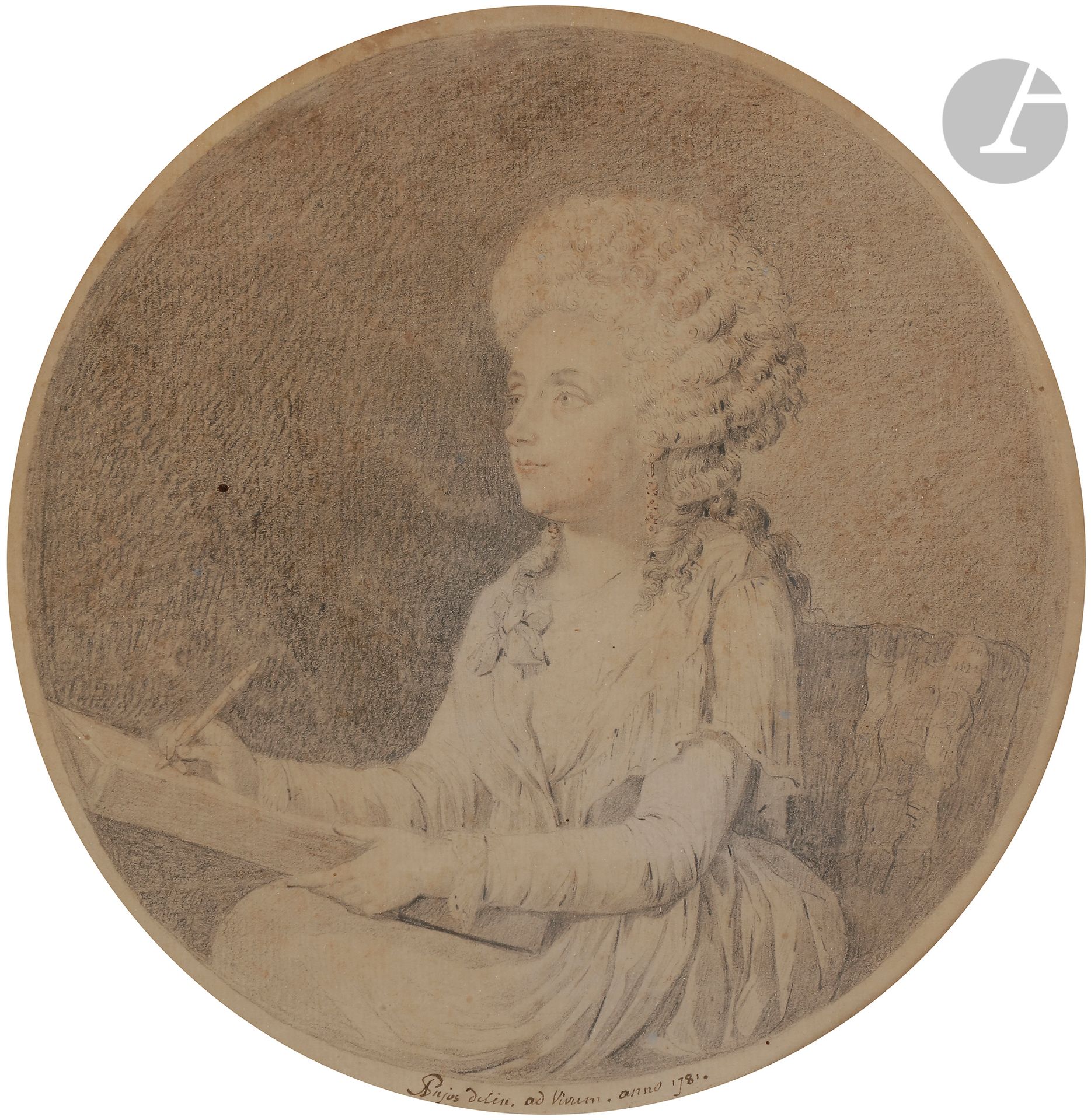 André PUJOS (Toulouse 1738 - Paris 1788)
La Jeune dessinatrice
Crayon noir et sanguine
Signé et daté dans le bas « Pujos delin. ad vivum. anno 1781 »
Diam. : 22 cm
(Légèrement insolé, petits plis et petites taches).