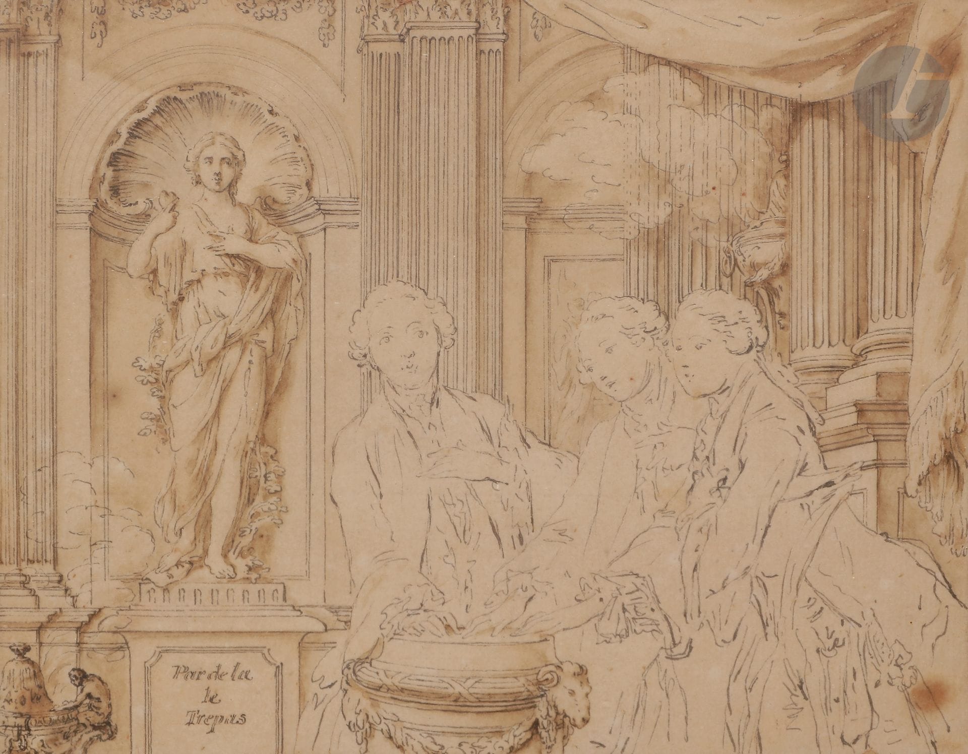 Hubert-François GRAVELOT (Paris 1699 - 1773)
Le Serment d’amitié
Plume et encre noire, lavis brun, passé au stylet.
Annotée dans le bas « Par de la le trépas ».
11,5 x 15 cm

Provenance :
Collection de Monsieur Louis Metman, conservateur du musée des Arts Décoratifs de Paris ayant participé à sa fondation (étiquette au dos).