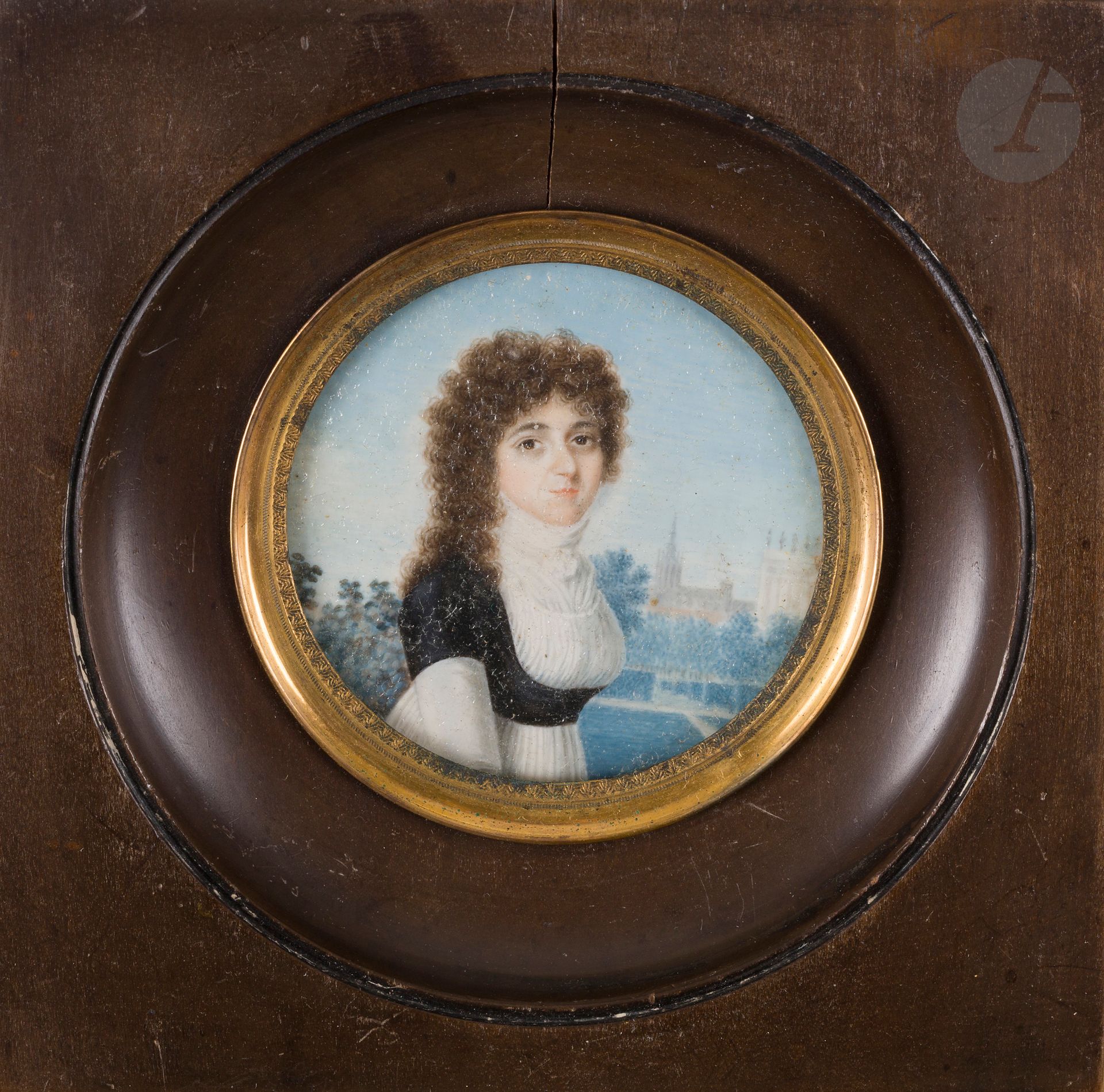 
ITALIAN school around 1800



Young brunette woman with long hair in three-quarter view on a landscape background with an Italian palace and a church tower. 



Miniature on ivory*.



diameter : 6,5 cm



Rect. frame in blackened wood (sick glass). 



Gross weight : 81,4 gr





According to the regulation that came into force on January 19, 2022, the intra-European Union trade of ivory is subject to obtaining a CIC certificate. Re-exportation outside the European Union is forbidden.