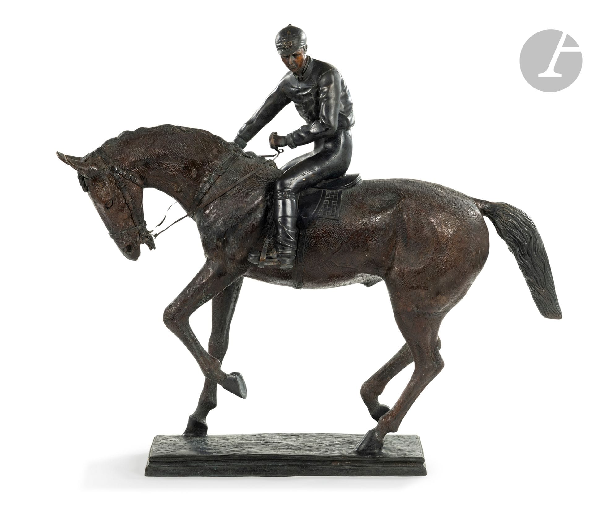 Bronze group with brown patina after Le Grand Jockey by Isidore Bonheur; inscribed I. Bonheur and Peyrol.
XXth century.
H : 99 cm, L : 108 cm