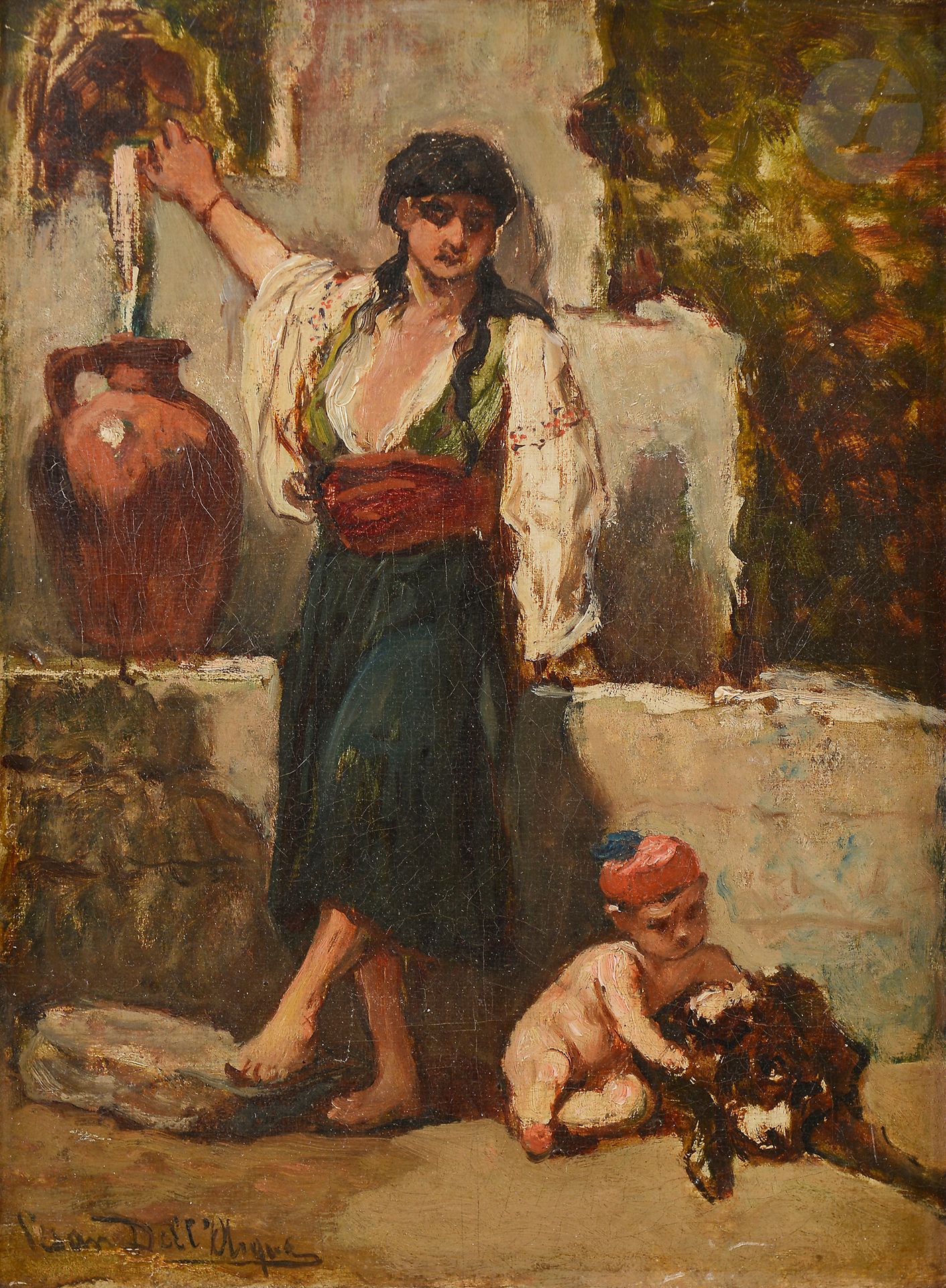 Dans le goût de Césare DELL’ ACQUA
Femme à la cruche
Toile contrecollée sur pannneau
Porte une signature en bas à gauche
29 x 22 cm