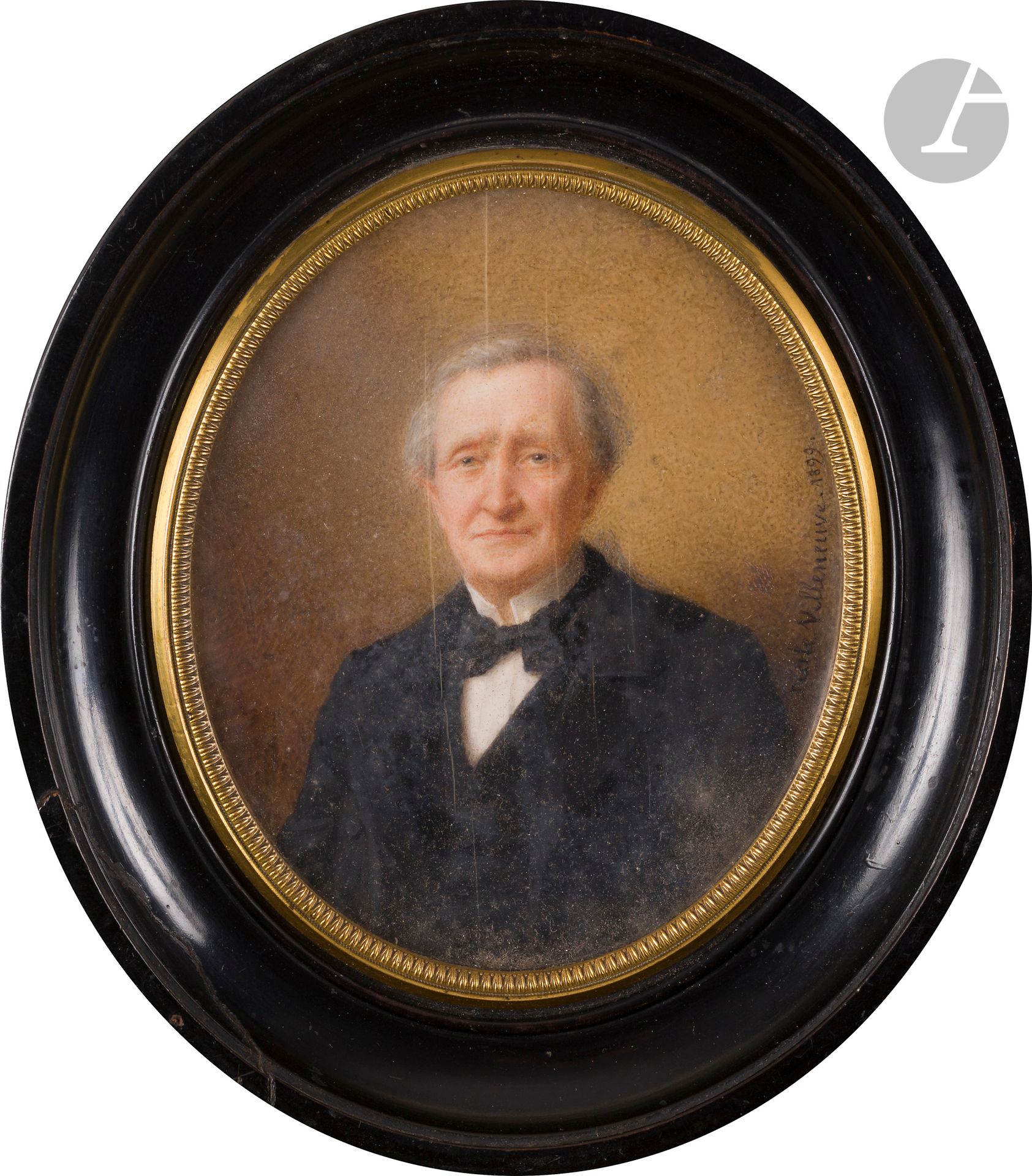 
Cécile VILLENEUVE née Colombet (1824-1901)



Gentleman in bust, in black suit, the bow tie surrounding a white collar raised on the neck



Oval miniature on ivory*. 



Signed and dated on the right: Cécile Villeneuve 1899 



Size : 10 x 8 cm (cracks)



Blackened wood frame



Gross weight : 152,6 gr





Provenance : 



Preserved in the artist's descendants



According to the regulation that came into force on January 19, 2022, the intra-European Union trade of ivory is subject to obtaining a CIC certificate. Re-exportation outside the European Union is forbidden.





