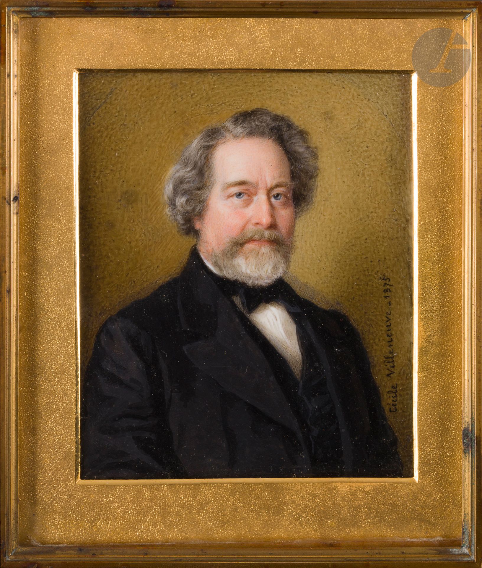
Cécile VILLENEUVE née Colombet (1824-1901)



Portrait du docteur Eugène Moulins, de trois-quarts à droite, en costume trois pièces noir et nœud papillon.



Miniature rectangulaire sur ivoire* 



Signée et datée 1875 sur la droite



Titrée, située à «Argentat», datée et dédicacée au dos : « A ma chère et bonne cousine / Alix Moulins / et à son bon frère Tiburce Moulins / Cécile Villeneuve »



Dim. : à vue 9 x 7.5 cm



Cerclé d’un fin cadre en laiton doré



Poids brut : 170 gr





Le docteur Eugène Moulins fut médecin et collectionneur en Corrèze. Il avait épousé Marie  Joséphine Rimbert et maria leur fils Tiburce en 1874 à Neuvic. Tiburce Moulins à qui cette miniature est dédicacée, né le 7 janvier 1837 à Argentat, fut médecin comme son père, publia sa thèse en 1867 et s’installa dans sa ville natale. Ce portrait fut réalisé lors d’une visite de l’artiste à ces cousins d’Argentat. Il est possible que Tiburce ait été le parrain de Tiburce Descubes de Lavernouille né en 1887 (voir le portrait de Mme Descubes de Lavernouille dans cette vente).





Conformément à la règlementation entrée en vigueur le 19 janvier 2022, le commerce intra-Union européenne de l’ivoire est soumis à l’obtention d’un certificat CIC. La réexportation hors Union européenne est interdite. 