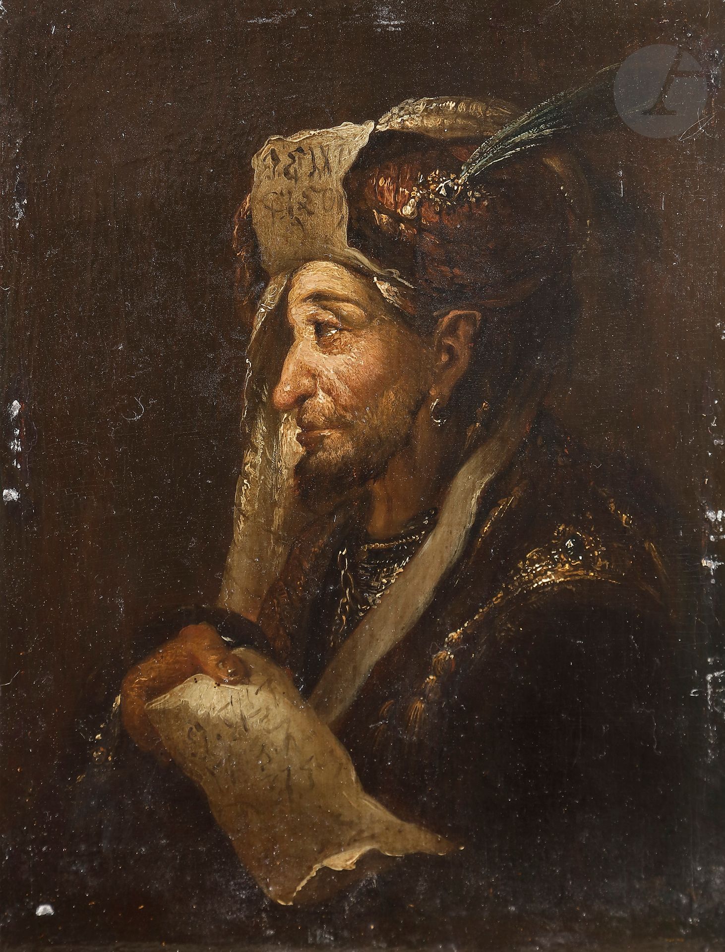 Dans le goût de REMBRANDT
Profil d’homme au manuscrit
Panneau de chêne, une planche, non parqueté
27 x 21 cm
Sans cadre