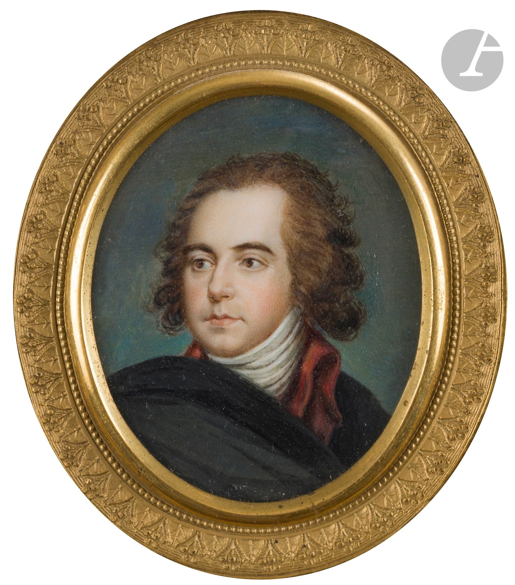 
École FRANCAISE OU RUSSE du XIXe siècle



Portrait d’homme romantique, en buste drapé dans son manteau : D'APRES LE PORTRAIT DU PRINCE ALEXIS KOURAKINE PAR RITT (G.N. KOMELOVA, AUGUSTIN RITT, 2004, P.85 N°25 REPR)



Miniature ovale sur ivoire*



Dim. : 5,2 x 4,2 cm



Beau cadre en bronze doré à bélière, ovale 7,2 x 6,2 cm. 



Poids brut : 57,9 gr





On joint :



Un portrait d’homme en courte perruque, costume gris, miniature sur ivoire*  de la seconde moitié du XVIIIe siècle, ovale 3,5 x 3 cm, dans un cadre en métal doré surmonté d’une couronne de lauriers, diam. 5 cm, H. totale 6,2 cm. 



Poids brut : 33,1 gr





Conformément à la règlementation entrée en vigueur le 19 janvier 2022, le commerce intra-Union européenne de l’ivoire est soumis à l’obtention d’un certificat CIC. La réexportation hors Union européenne est interdite. 