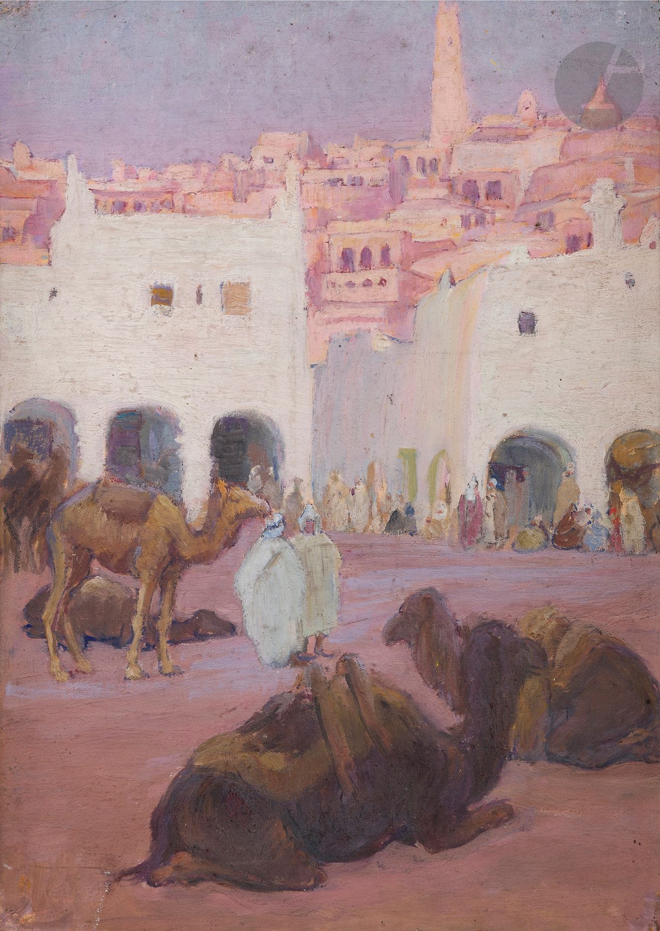 André SUREDA (1872-1930)
Algérie, la place à Ghardaia
Huile sur papier.
Non signée.
(Déchirure et trous de punaise).
32 x 23 cm

Bibliographie :
Reproduit dans VIDAL-BUÉ, Marion. André Suréda : peintre orientaliste : Algérie, Maroc, Tunisie, Syrie, Palestine : 1872-1930. Paris : édition de l’Amateur, 2006. p. 205.
