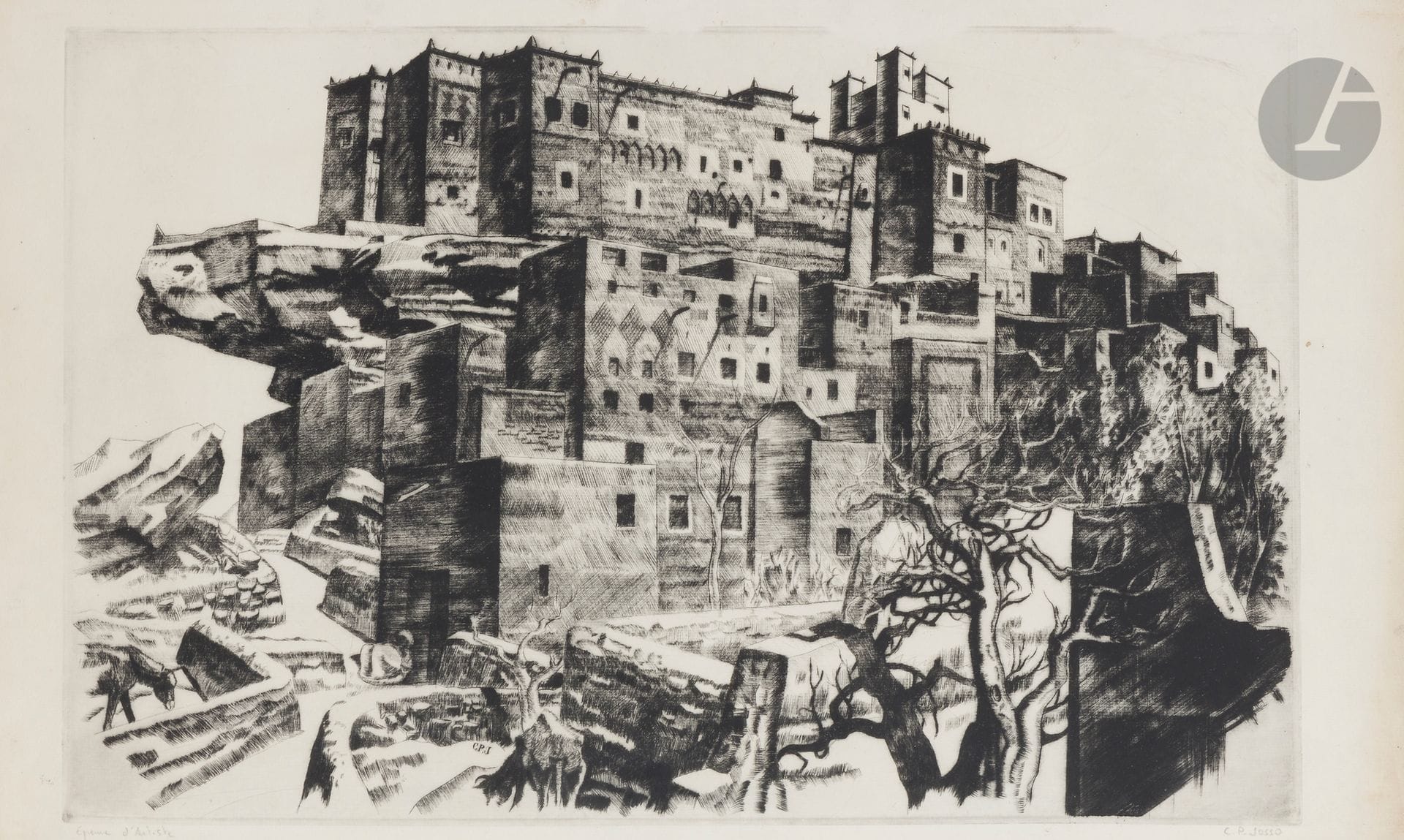 Camille Paul JOSSO (1902-1986
)Morocco, view of the rampartsCharcoal
; etching.
Signed lower right; signed lower right in pencil, signed in the plate in the center, justified artist's proof lower left.
49,5 x 64 cm - 38,5 x 63
cmAnother etching is attached

.


