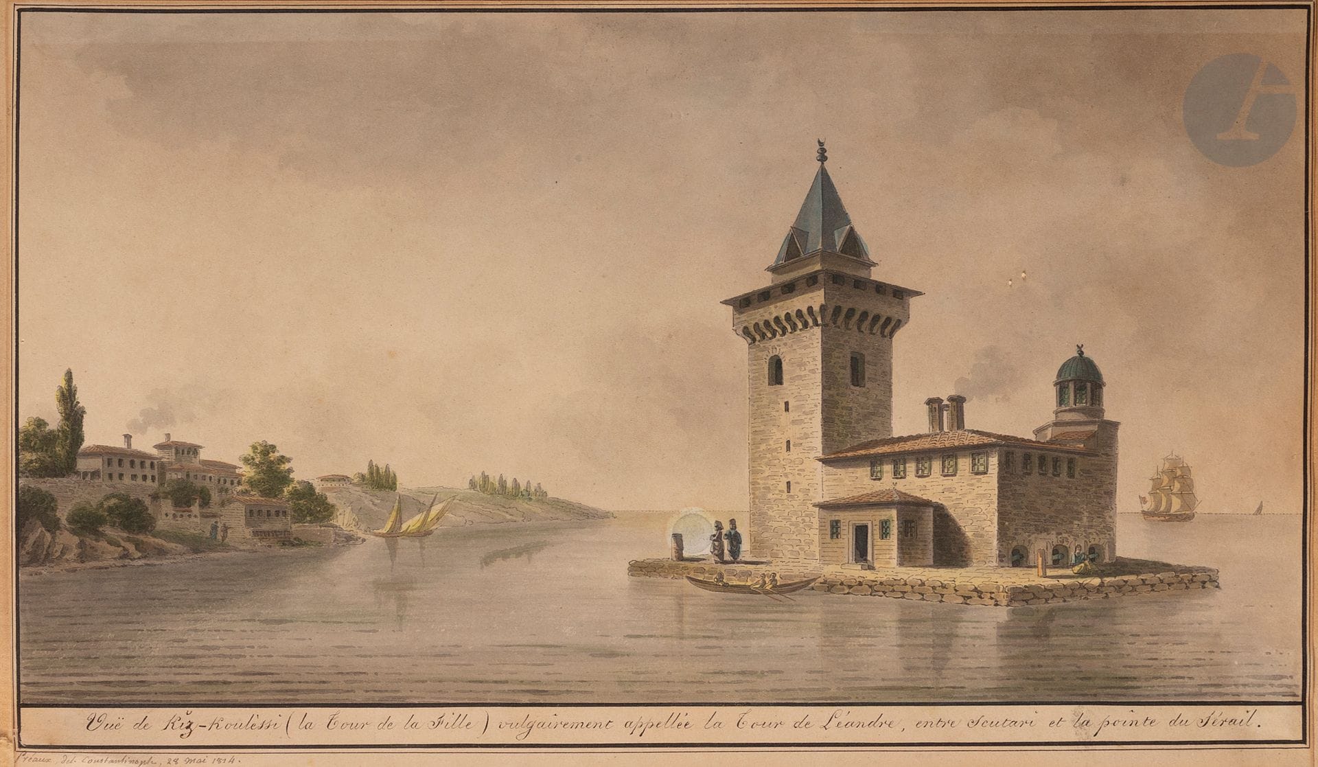 Michel François PRÉAULX (active 1796-1827
)Vuë de Riz-Kouléssi (la Tour de la Fille) vulgarly called the Tower of Léandre, between Scutari and the tip of the Serail, 1814Watercolor
, pen and black ink.
Titled at the foot.
Signed, dated and located Constantinople lower left
(stain in the center and insolation).
21 x 38 cm





