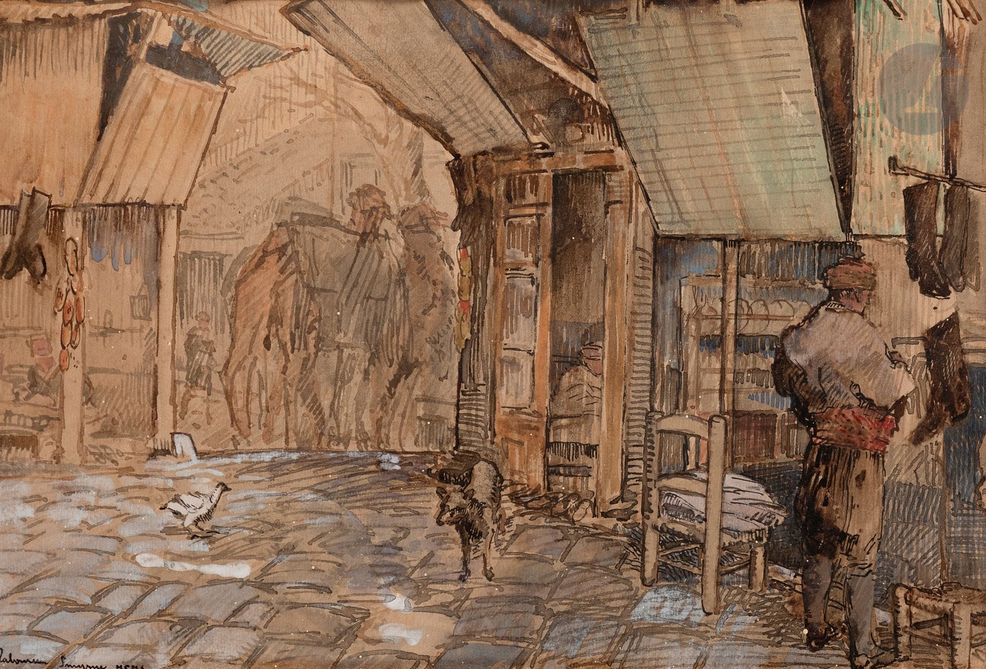 Jean-Emile LABOUREUR (1877-1943)
Ruelle à Smyrne
Encre et aquarelle.
Signée, datée et située en bas à gauche.
18 x 27 cm