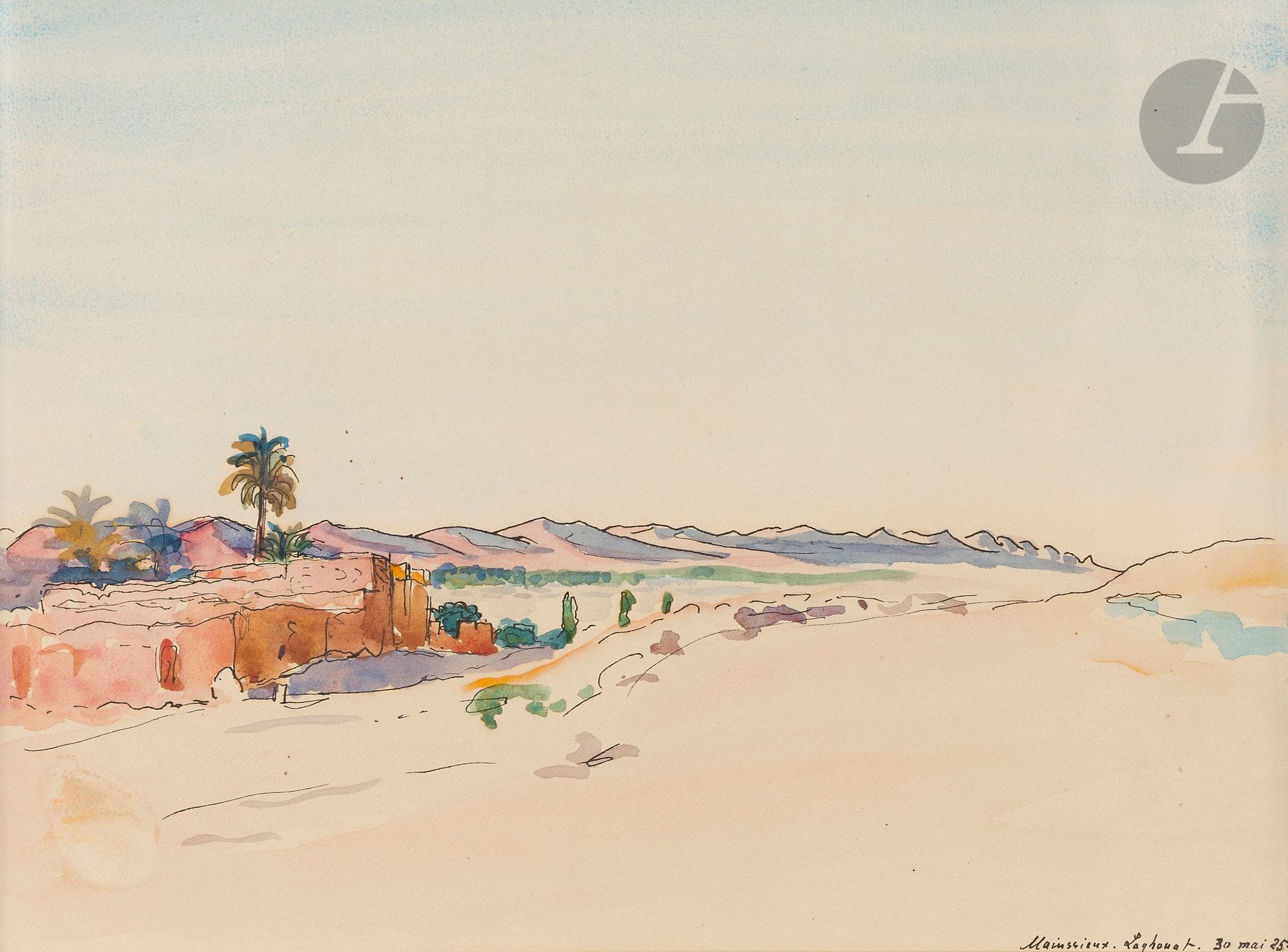 Lucien MAINSSIEUX (1885-1958)
Algérie, paysage à Lagouat, 1925
Encre et aquarelle.
Signée, datée et située en bas à droite.
25 x 34 cm