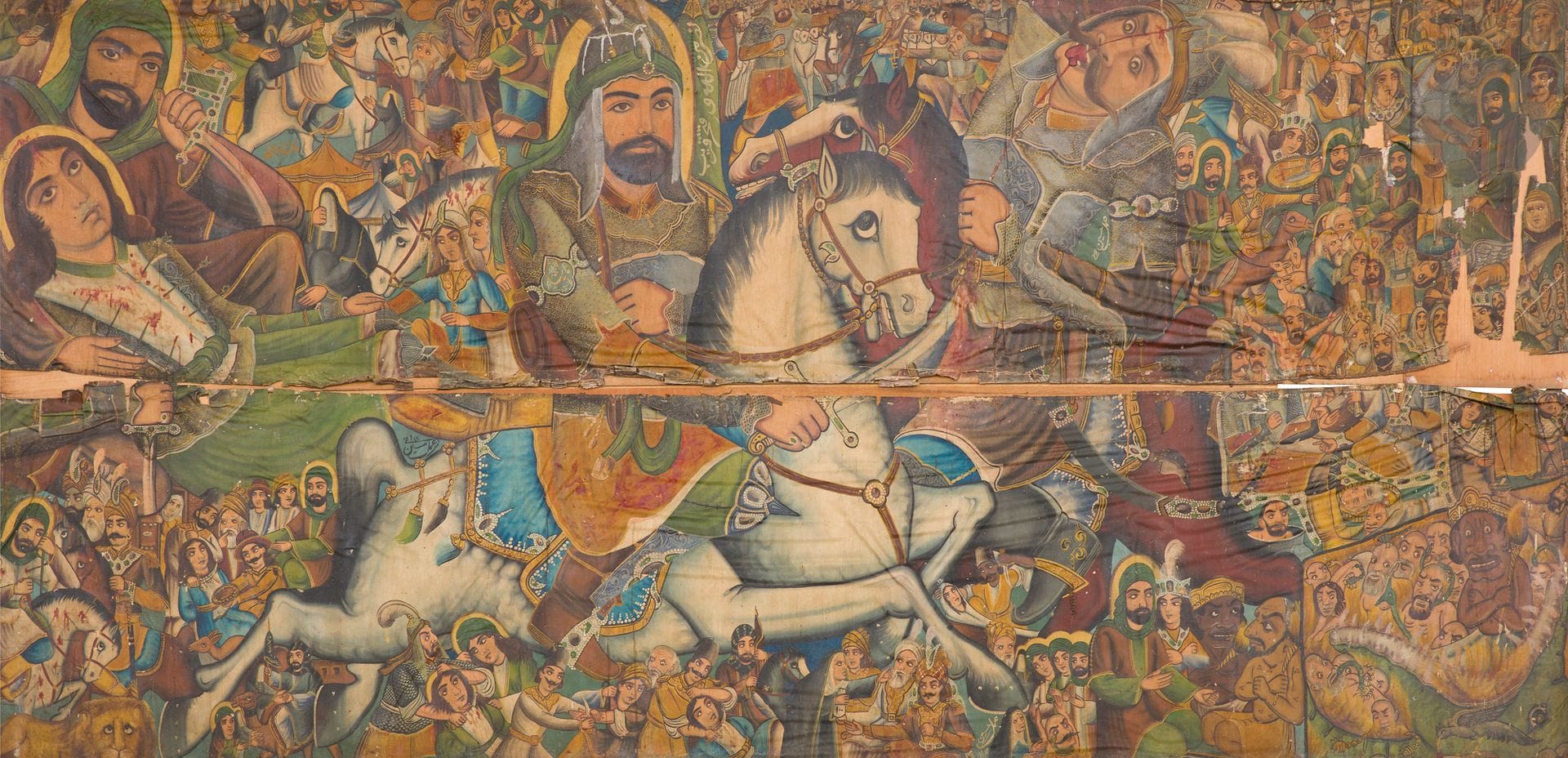 
Imposante peinture ta’zieh signée, la bataille de Kerbala, Iran, XXe siècle

Scène monumentale de format quadrangulaire peinte à l’huile sur toile enduite, constituée de deux panneaux horizontaux, représentant une scène de la bataille de Kerbala centrée sur la figure de ‘Abbas, demi-frère de Husayn, petit-fils du Prophète, qui fend de la lame de son sabre le corps d’un des membres de l’armée omeyyade opposée. Autour, se déploient plusieurs petites scènes : celles de gauche illustrent différents martyrs du clan de Husayn, lui-même représenté secourant son neveu Qasim au corps perforé de flèches ; celles de droite opposent le Paradis où finissent ces martyrs, aux Enfers réunissant les Omeyyades autour d’une créature monstrueuse. Plusieurs inscriptions en arabe : deux formules religieuses “Ma Sha’a Allah” (répétée deux fois), littéralement “Ce qu’Allah a voulu” et “Nasrun min Allah wa Fathun Qarib”, littéralement “Un secours de Dieu et la victoire est proche” et trois signatures de l’artiste Husayn Hamadani (1926-2008).

Dim. approximatives de chaque panneau : 80 x 330 cm

En l’état : coutures, restaurations, trous.



La bataille de Kerbala en Irak est un conflit important lié à la succession du Prophète Muhammad. Elle opposa le 10 octobre 680 (10 de Muharram 61 H), les Omeyyades sunnites au pouvoir depuis presque vingt ans, aux Chiites représentés par la famille de ‘Ali, gendre du Prophète. Lors de cette bataille, Husayn deuxième fils de ‘Ali trouva la mort. L’événement devint un marqueur fort de l’opposition entre Sunnites et Chiites, ces derniers commémorant chaque année le martyre de leur imam lors de la fête de Ashura. La place importante qu’il occupe dans la foi des Chiites a également donné naissance à une forme de théâtre religieux appelée ta’zieh. Il s’agit d’une véritable expression de la religiosité populaire iranienne sous forme de performances ou de récits narratifs qui peuvent avoir comme supports visuels de grandes peintures comme celle-ci alors clouées par le récitant sur un mur du lieu où il se trouve, souvent un café local. On parle alors pour désigner ces œuvres d’imagerie populaire de peintures de ta’zieh ou peintures de qahveh khâneh (café). A côté de nombreuses légendes persanes, la bataille de Kerbala reste le sujet de prédilection de ces toiles qui bien souvent sont signées. On peut citer à cet égard l’œuvre signée d’Abdallah Musavvar conservée au Metropolitan Museum de New York (2019.73) ou encore celle d’Abbas al-Musavi conservée au Brooklyn Museum de New York (inv. 2002.6).



Bibliographie :

- DIBA L.S. et EKHTIAR M., Royal Persian paintings, the Qâjar Epoch 1785-1925, 1998, p. 276-278.

- https:// www.metmuseum.org/art/collection/search/818842 (page consultée le 9/05/2022).



An important Qajar ta’zieh painting of the Battle of Karbala, Iran, 20th century, signed
