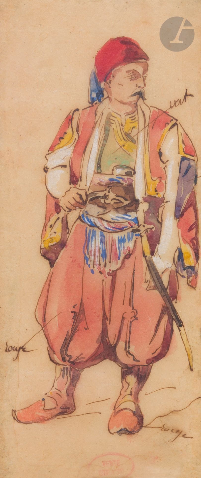 Victor Julien GIRAUD (1840-1871)
Zouave
Aquarelle sur calque.
Timbre de l’atelier (Lugt 1084).
22,5 x 9 cm