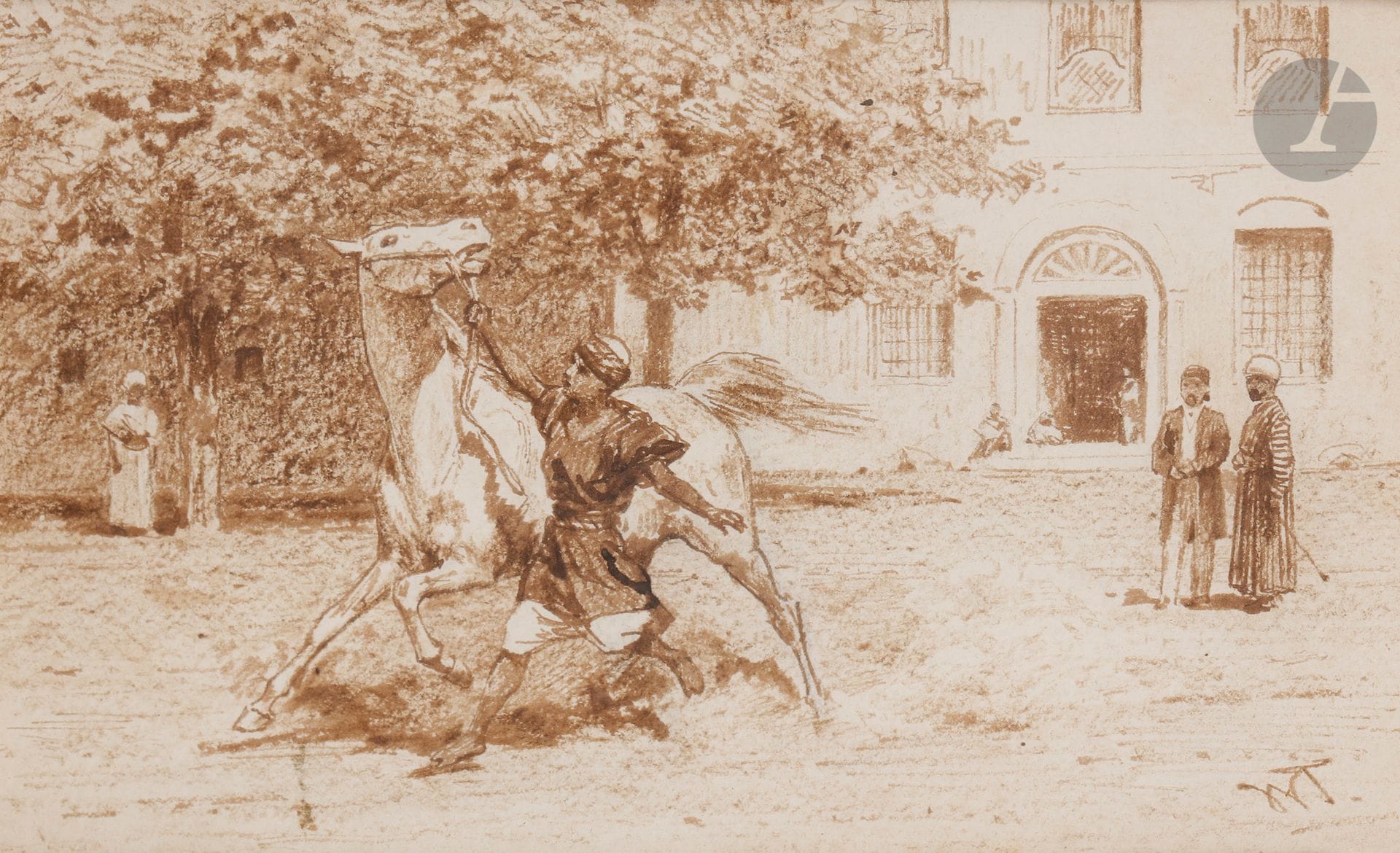 Willem DE FAMARS TESTAS (1834-1896)
Le Dressage, 1884
Encre sepia.
Monogrammée en bas à droite.
Signée et datée au dos.
13 x 20 cm