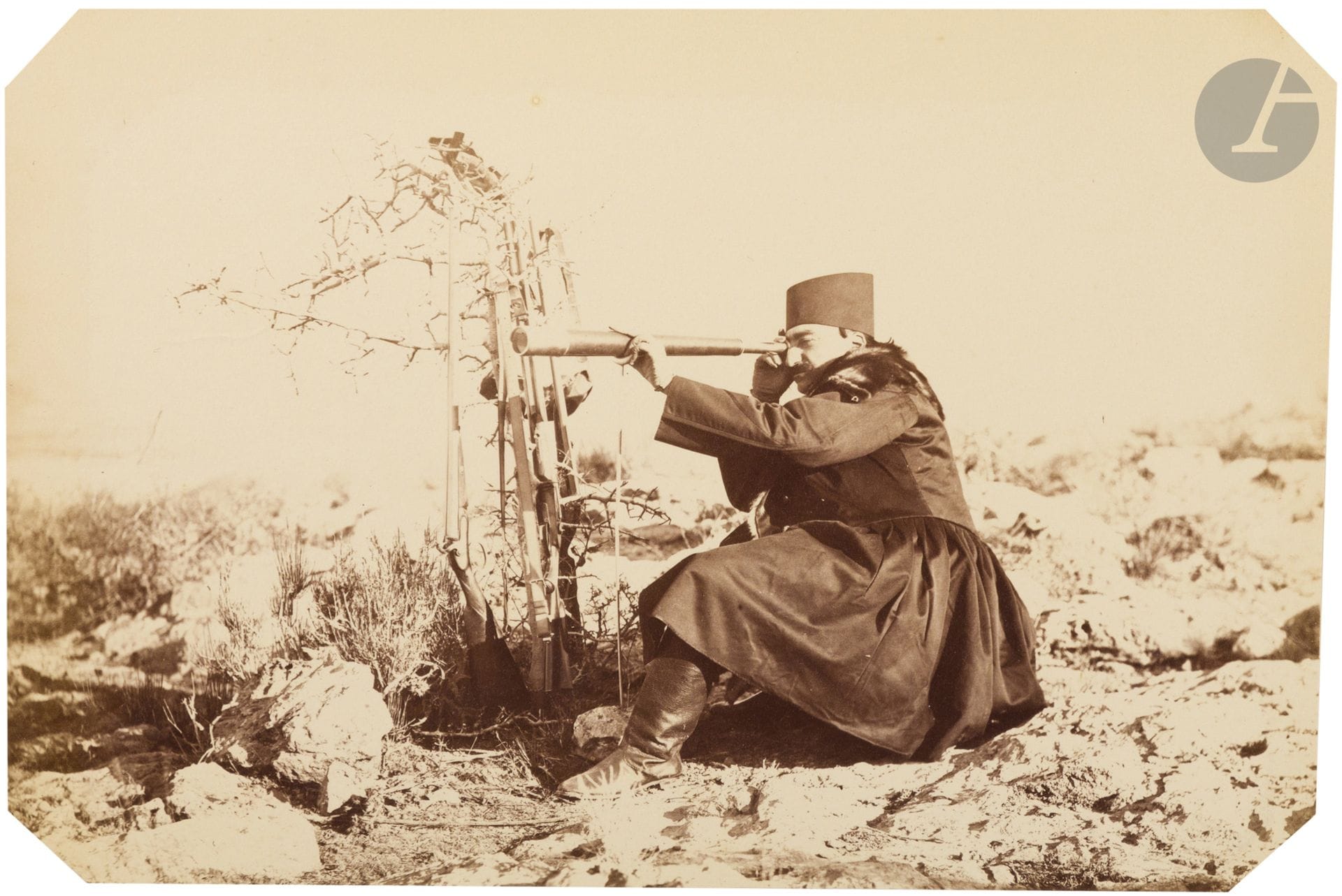 Aqa Reza Akasbashi 
Perse (Iran), c. 1870-1880. 
Nasserddine Shah durant une chasse. Membres de sa suite. Le shah regardant dans un télescope. Le shah au samovar et aux plateaux de fruits. Le shah devant une tente avec un faisan mort. Musiciens. Mirza Davud Khan Nuri, ministre de l’Armée. 
Neuf (9) épreuves sur papier albuminé, contrecollées sur cartons. Légendes en farsi à l’encre noire sur les montages. 
Formats : de 11 x 16,5 à 21 x 17 cm 


Aqa Reza Akasbashi 
Kadjar Empire (Iran), c. 1870-1890. 
Nasserddine Shah during a hunt. Members of his suite. The shah looking through a telescope. The shah at the samovar and fruit trays. The shah in front of a tent with a dead pheasant. Musicians. Mirza Davud Khan Nuri, Minister of the Army.
Nine albumen prints mounted on cardboard. Captions in Farsi in black ink on the mounts. 
Dimensions : from 11 x 16,5 to 21 x 17 cm