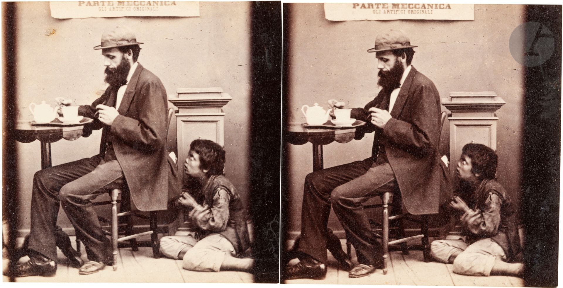 Giorgio Conrad - Giorgio Sommer et divers
Italie. Scénettes et types, c. 1860-1870.
Pifferari. Musiciennes. Voleur à la tire. Chasse aux poux. Fessée. Confession. Maraichers. Spectacle de marionnettes. Empreintes humaines de Pompéi. Traite de la chèvre. Porteuse d’eau.
16 épreuves stéréoscopiques sur papier albuminé, contrecollées sur cartons de photographes.
Format moyen : 7 x 14 cm


Giorgio Conrad - Giorgio Sommer and others
Italy. Scenes and types, c. 1860-1870.
Pifferari. Musicians. Pickpocket. Lice hunt.
Spanking. Confession. Farmers. Puppet show.
puppets. Human footprints of Pompeii. Milking of
the goat. Water carrier.
16 stereoscopic albumen prints,
mounted on photographers' cardboard.
Average size : 7 x 14 cm